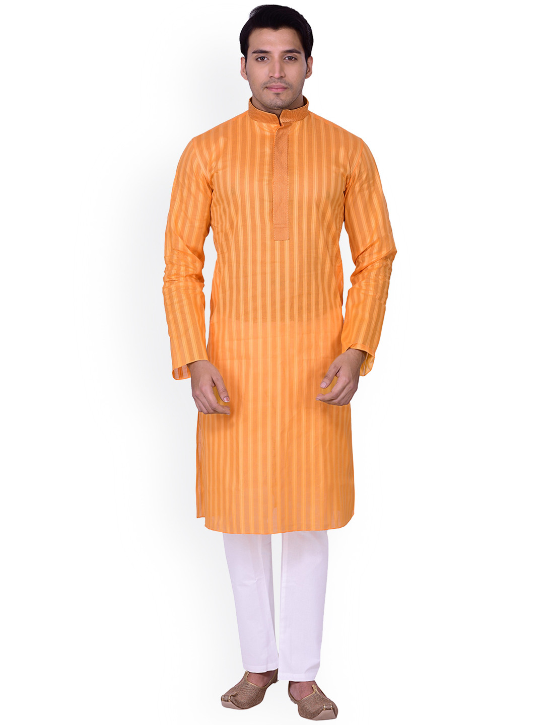 

Manyavar Men Orange & White Striped Kurta with Pyjama