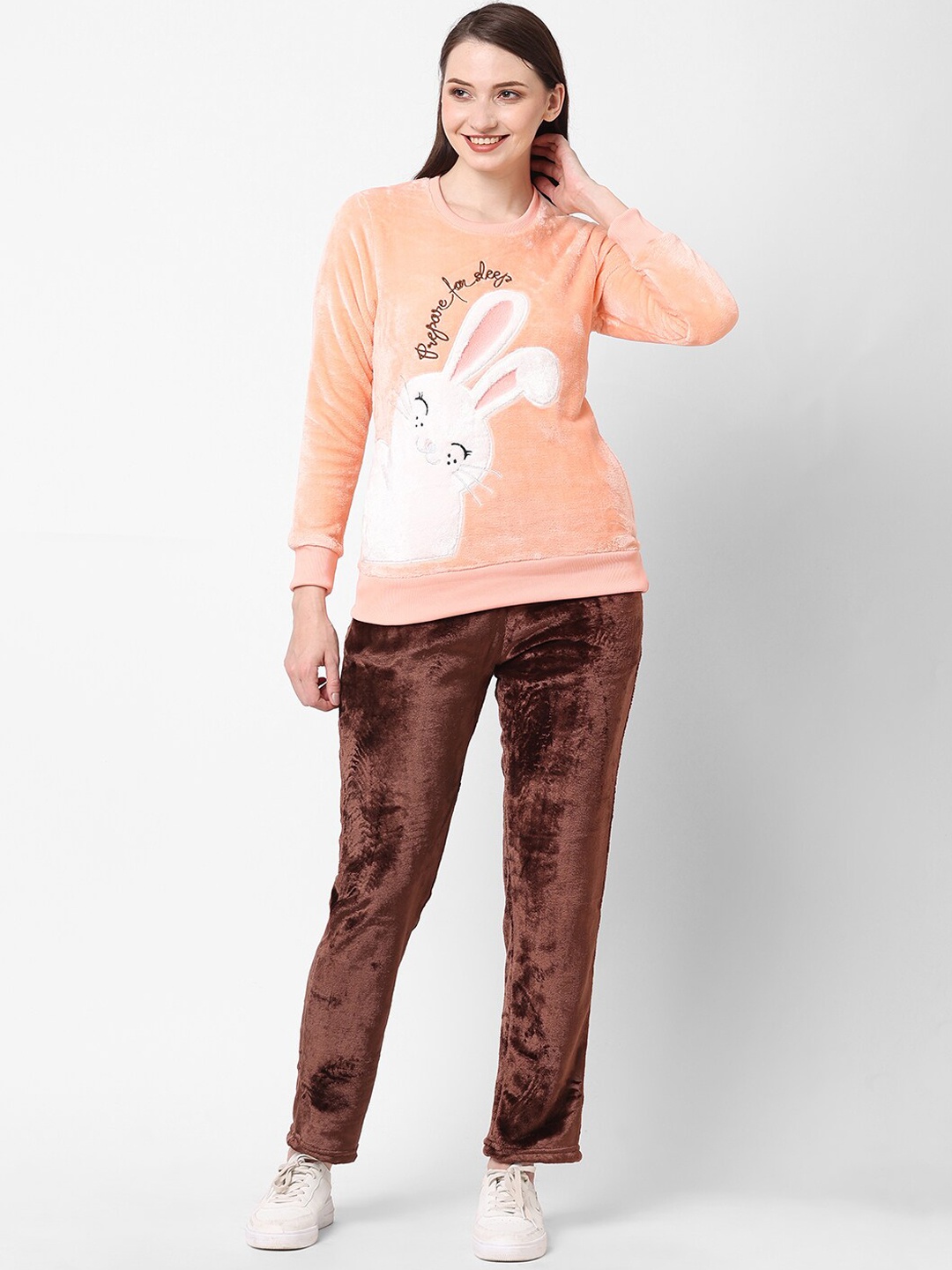 

Sweet Dreams Women Peach-Color & Brown Self Designed Fleece Tracksuit