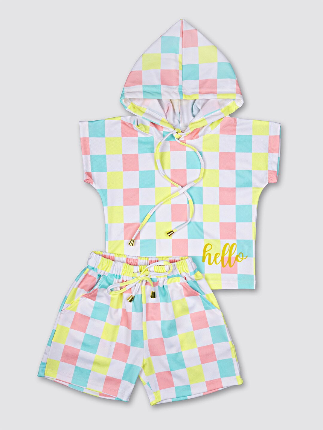 

MYY Girls White & Green Printed Hooded T-shirt with Shorts