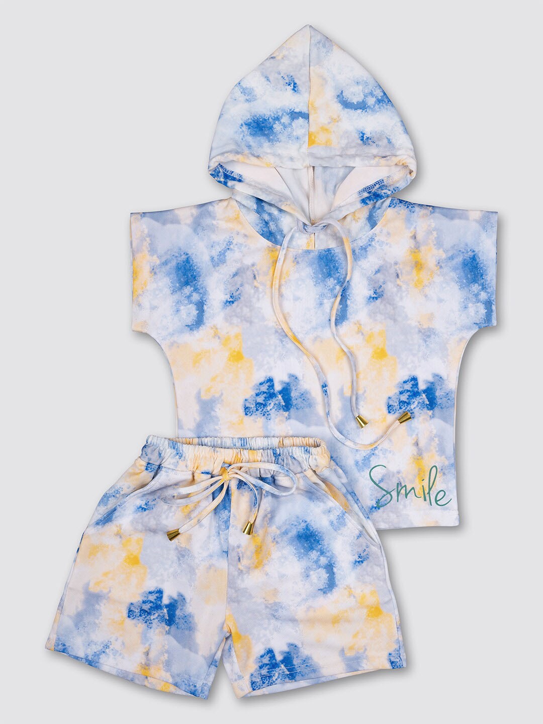 

MYY Girls Yellow & Blue Printed Hooded T-shirt with Shorts