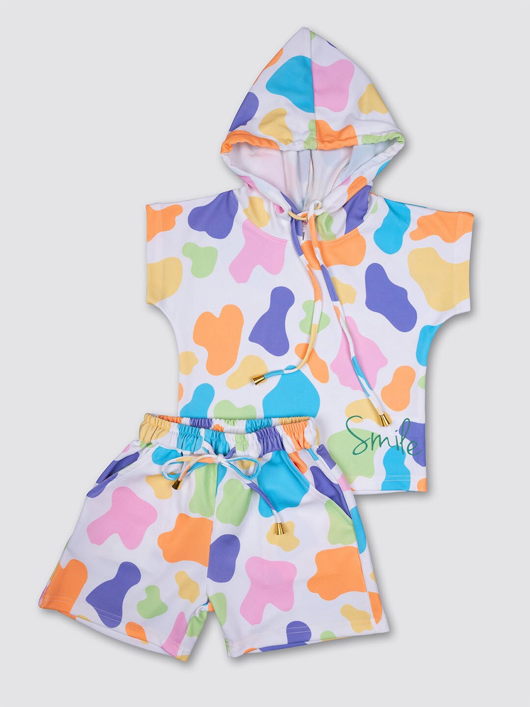 

MYY Girls White & Orange Printed Hooded T-shirt with Shorts