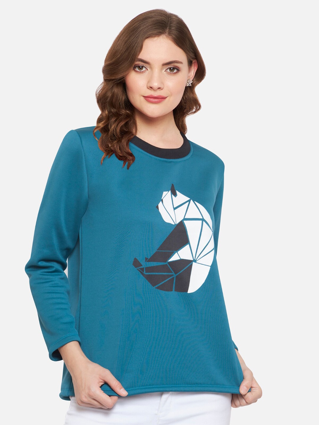 

Martini Women Teal & Black Printed Fleece Round Neck Sweatshirt