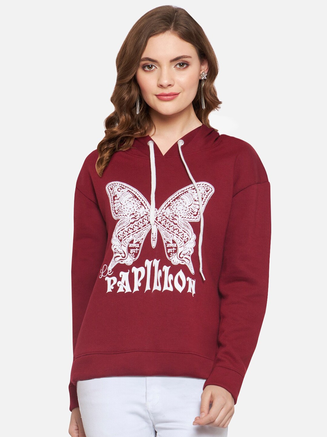 

Martini Women Maroon & White Printed Fleece Hooded Sweatshirt