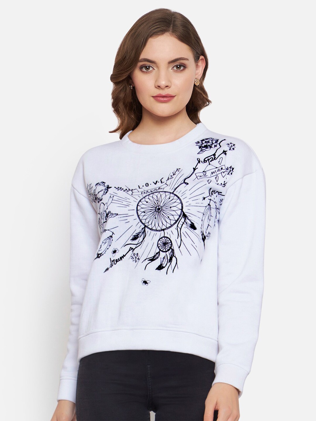 

Martini Women White & Black Printed Fleece Sweatshirt