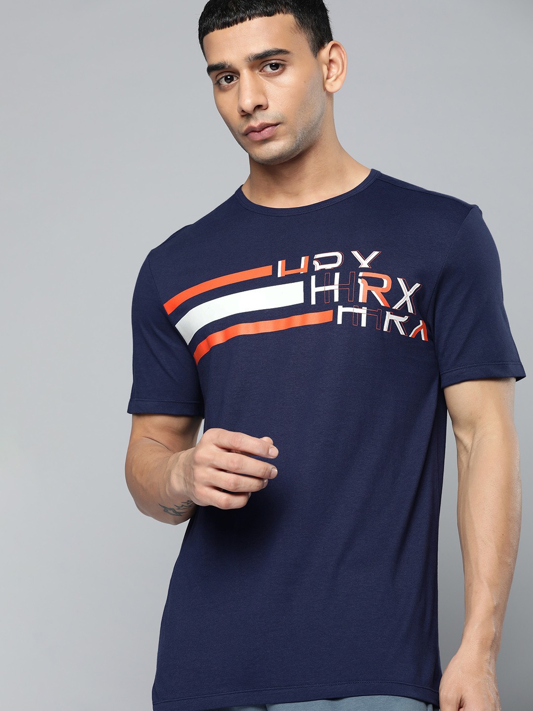 

HRX by Hrithik Roshan Men Navy Blue Brand Logo Printed Pure Cotton T-shirt