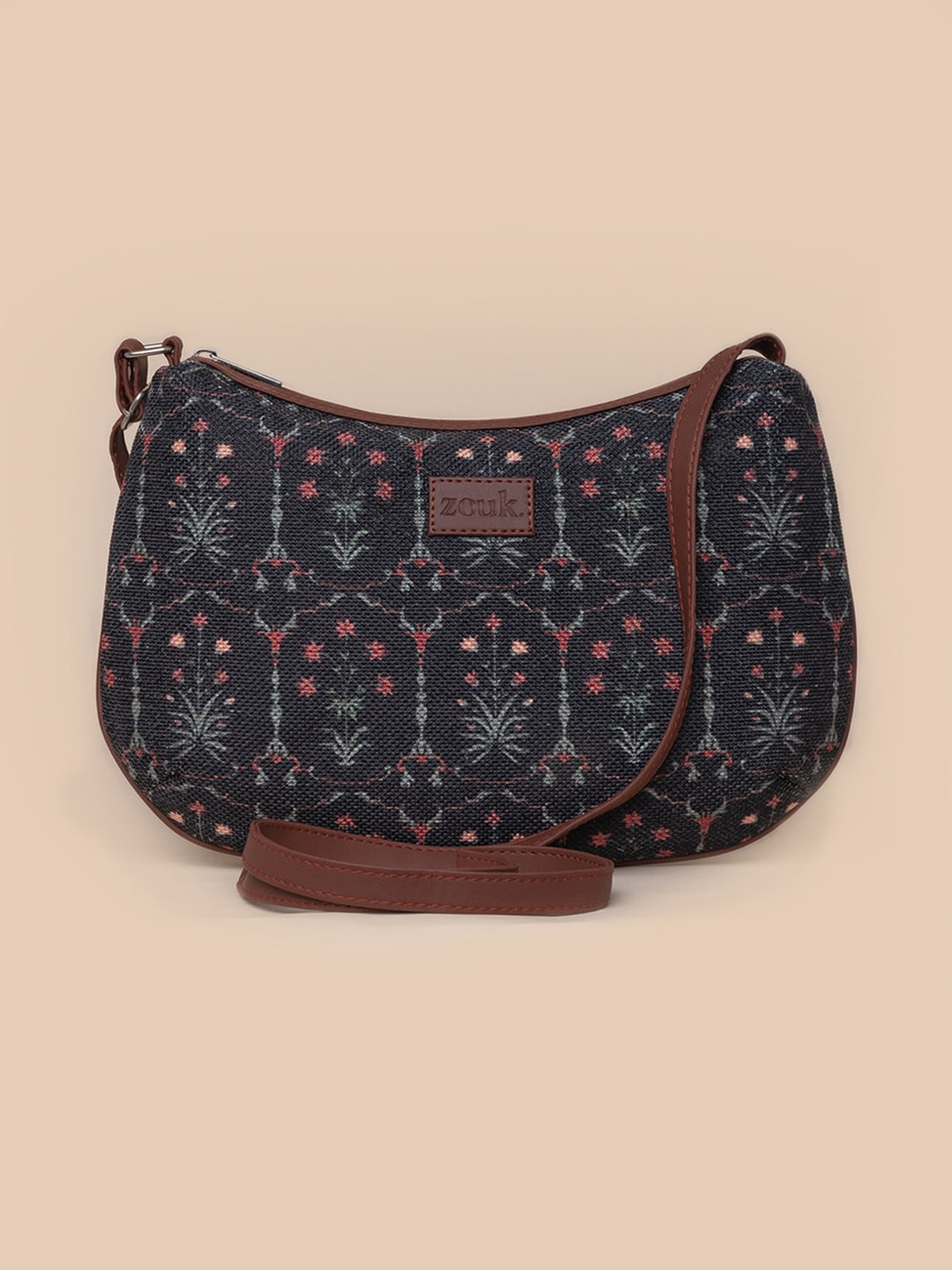 

ZOUK Black Ethnic Motifs Printed Half Moon Hobo Bag