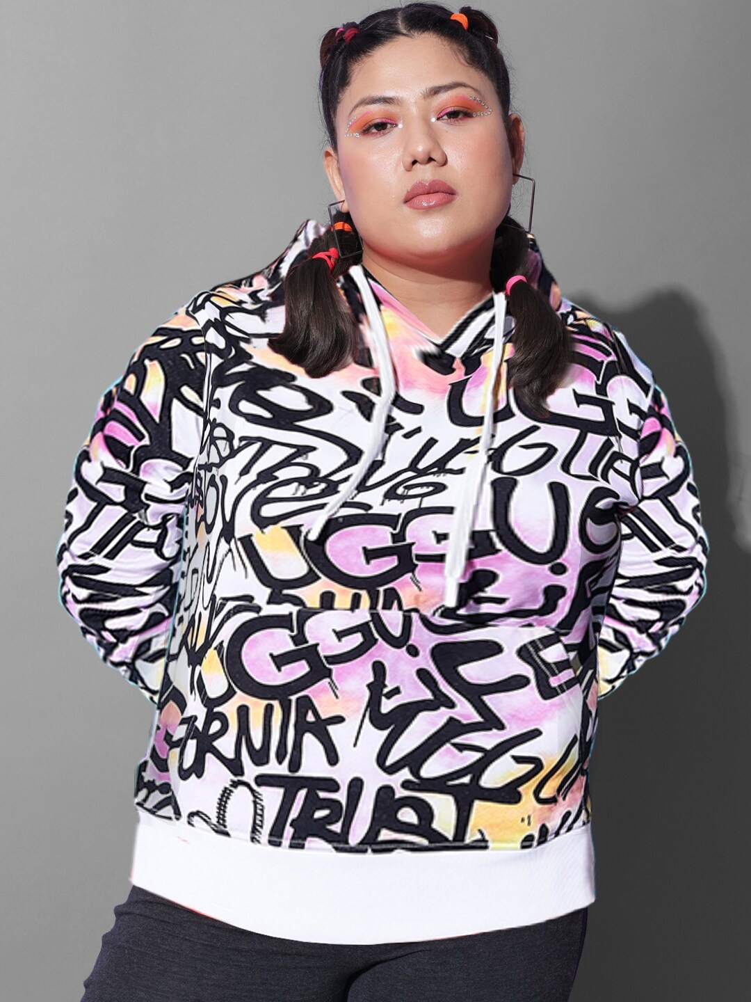 

BEYOUND SIZE - THE DRY STATE Women Plus Size White Printed Hooded Fleece Sweatshirt