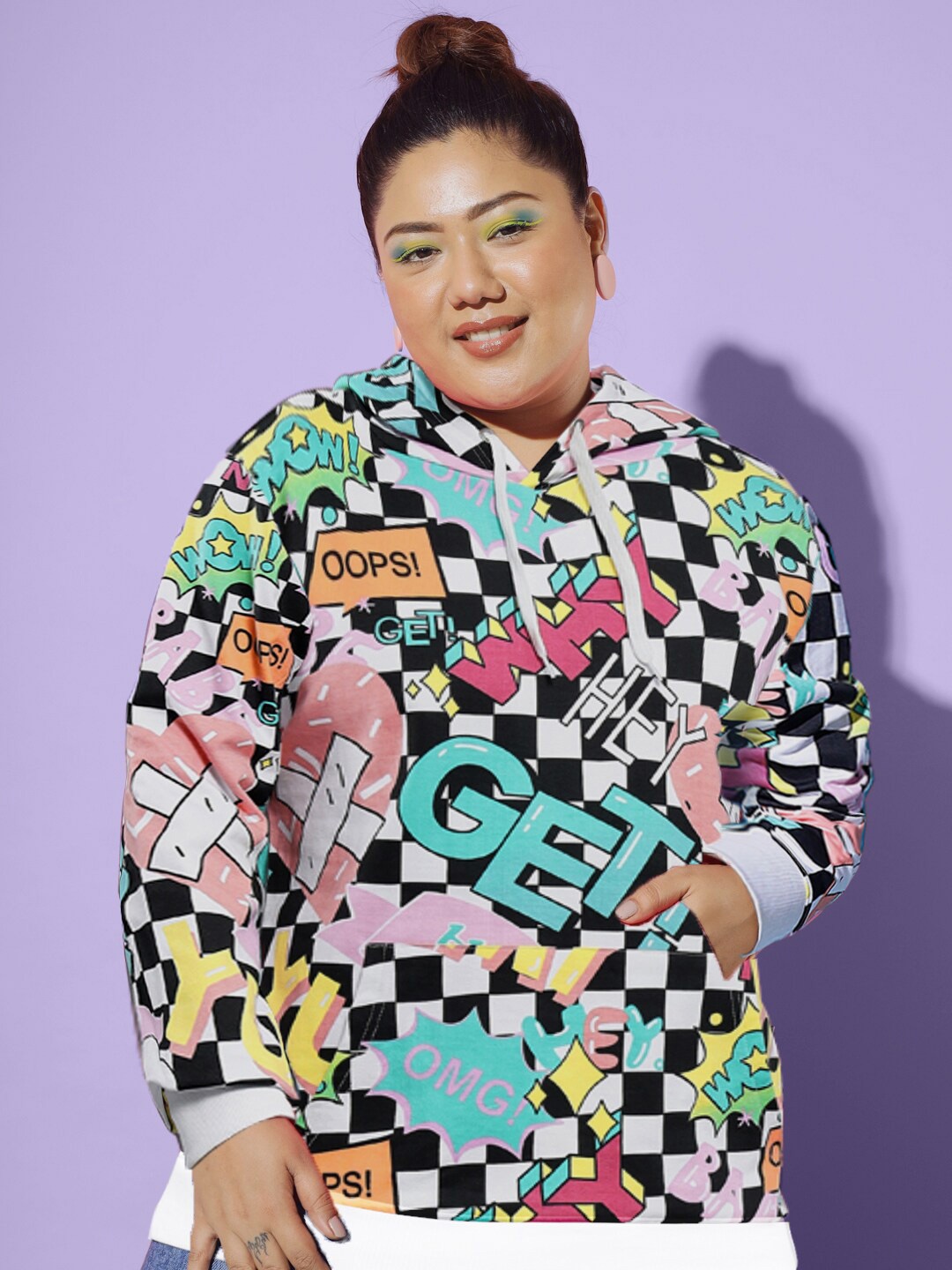 

BEYOUND SIZE - THE DRY STATE Women Plus Size White Printed Hooded Fleece Sweatshirt