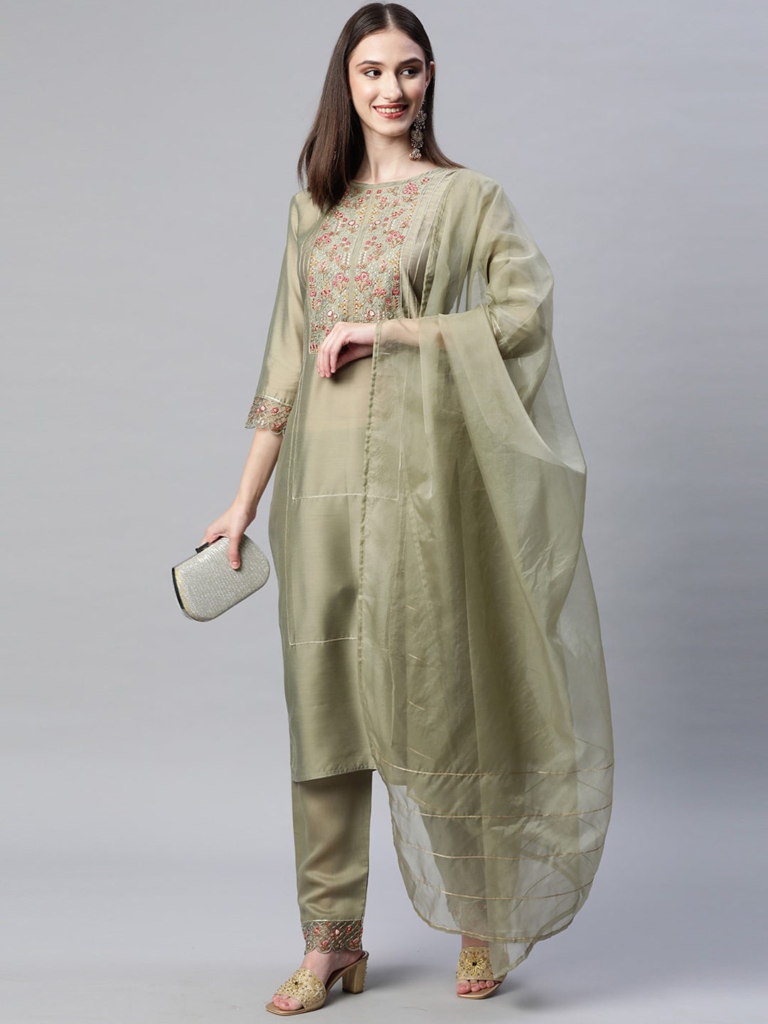 

SheWill Green & Pink Floral Embroidered Thread Work Kurta with Trousers & Dupatta
