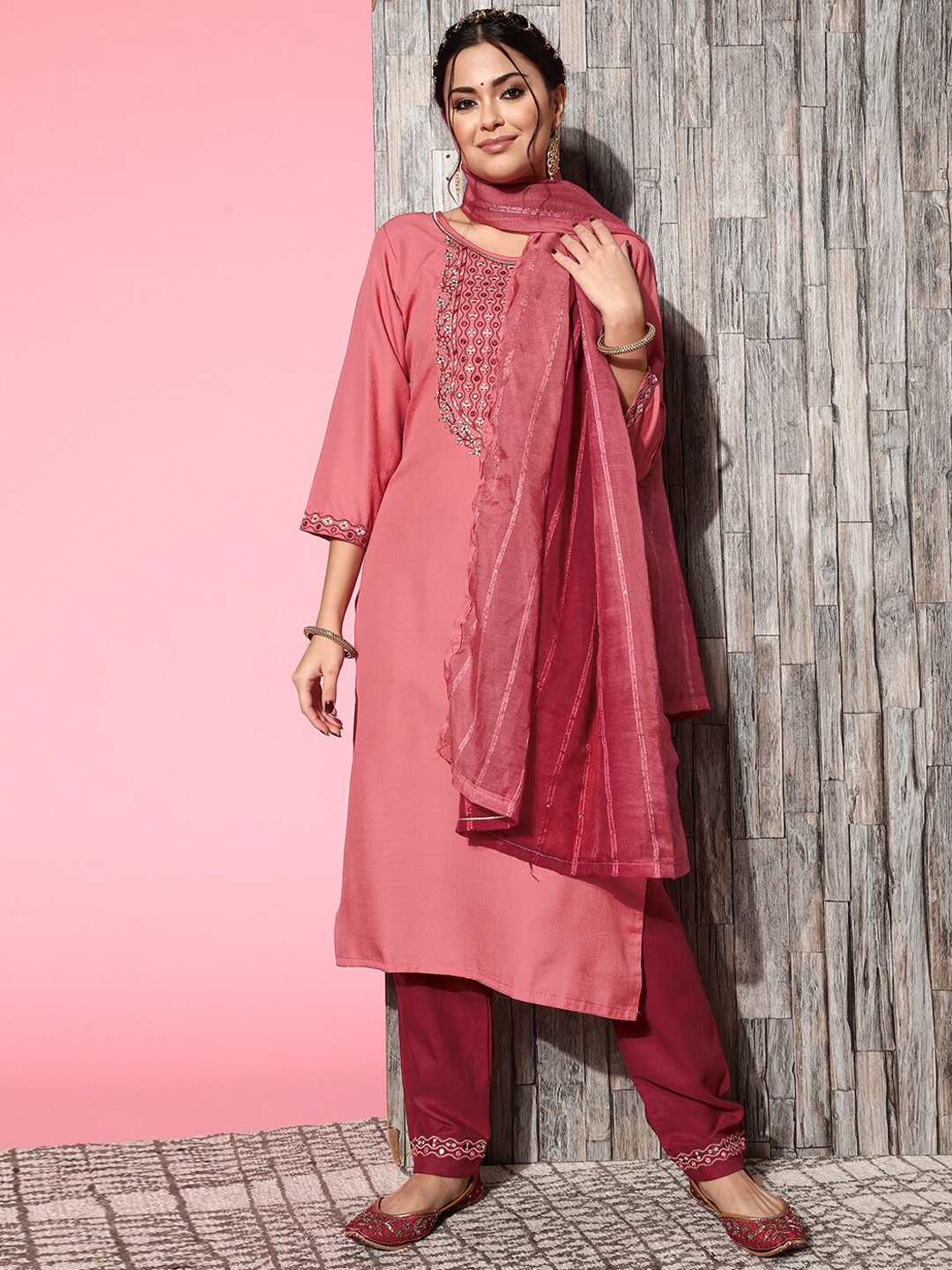 

SheWill Orange Floral Embroidered Kurta with Trousers & Dupatta