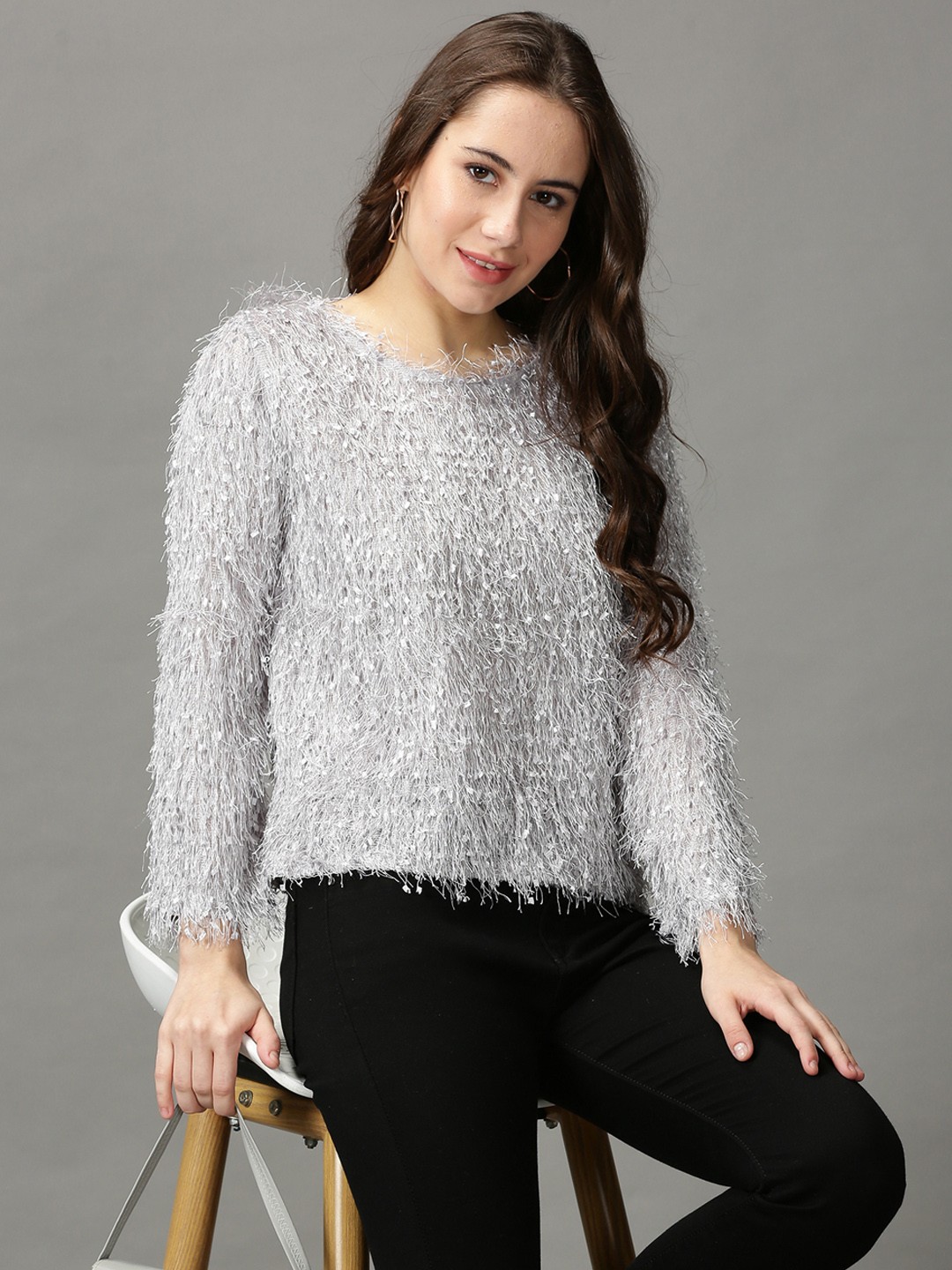 

SHOWOFF Women Grey Self Design Top With Faux Fur Trim Detail