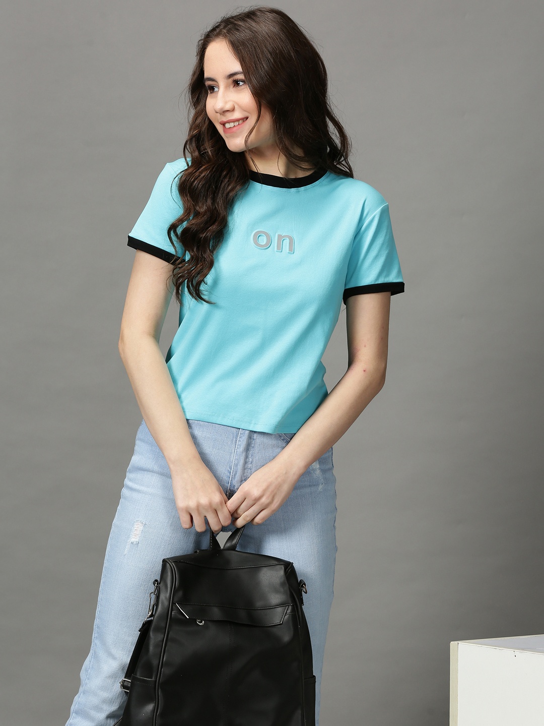 

SHOWOFF Women Blue & Black Typography Printed T-shirt