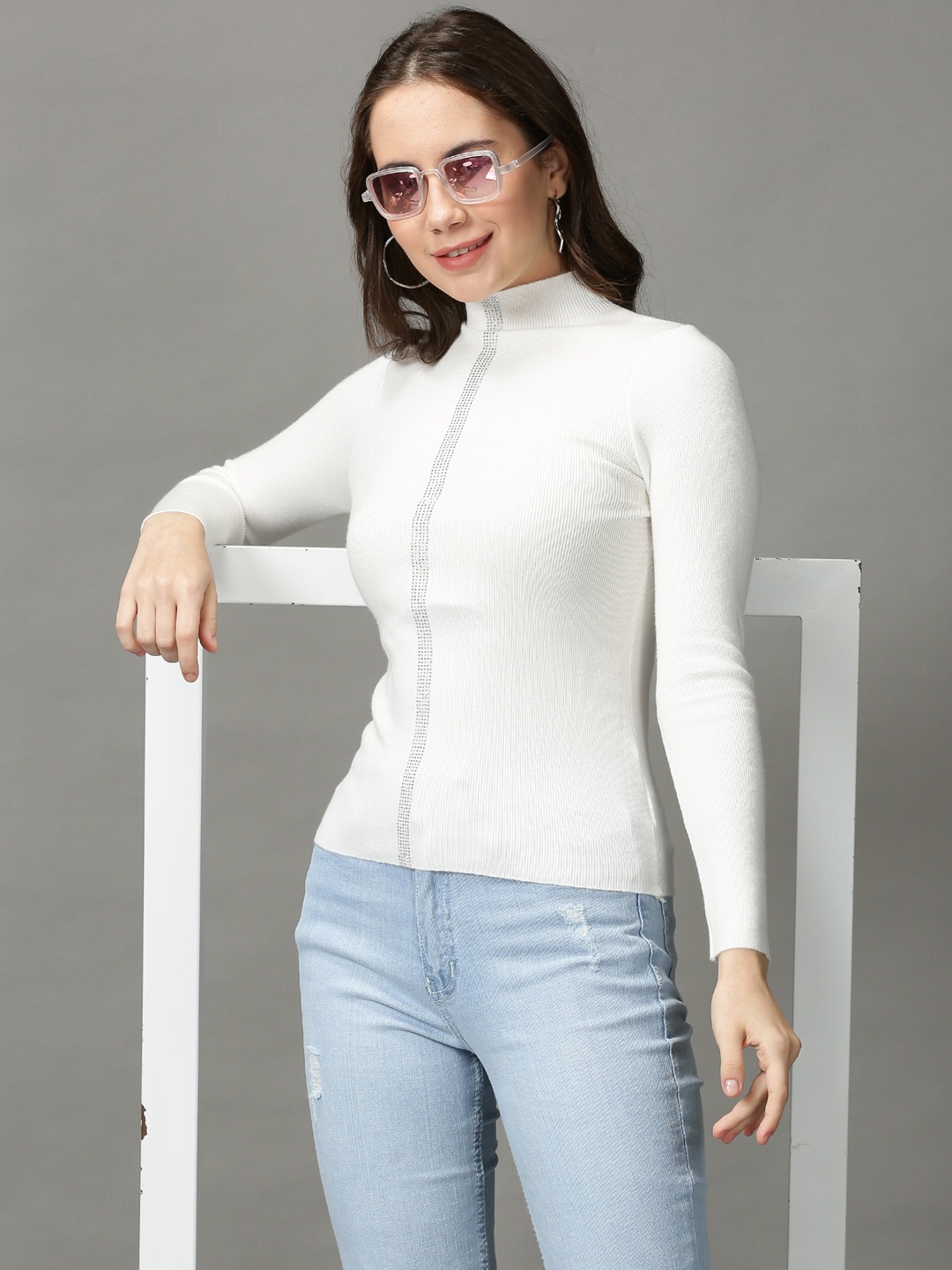 

SHOWOFF Women White High Neck Studded Top