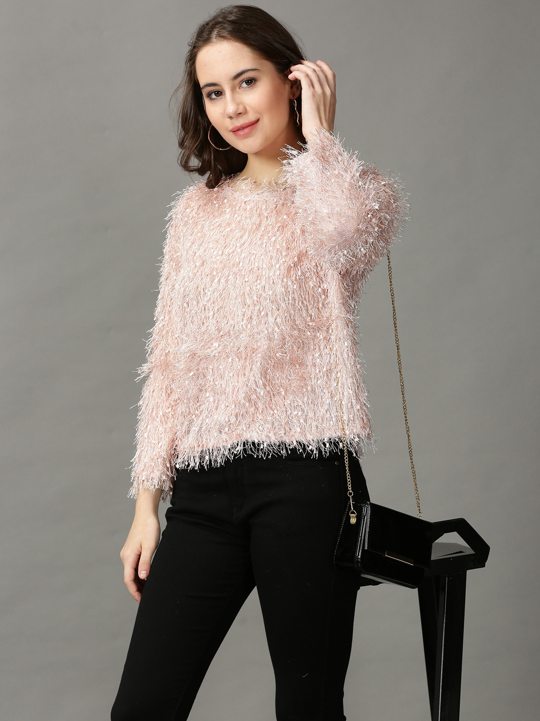 

SHOWOFF Women Pink Self Design Top With Faux Fur Trim Detail