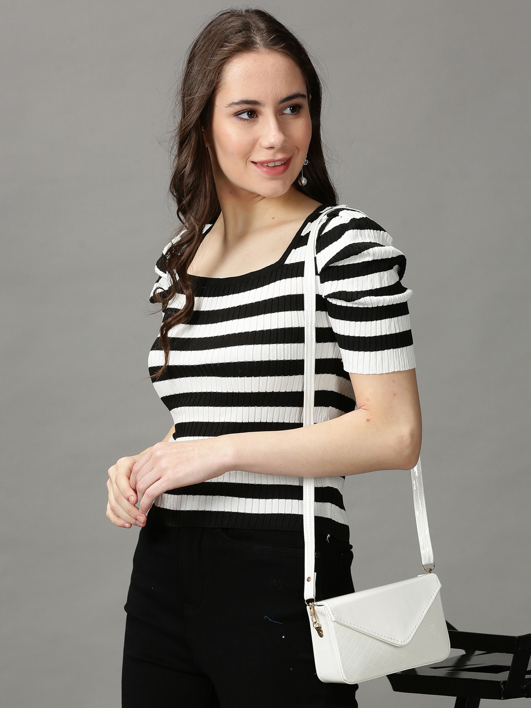 

SHOWOFF Black & White Striped Square Neck Crop Top