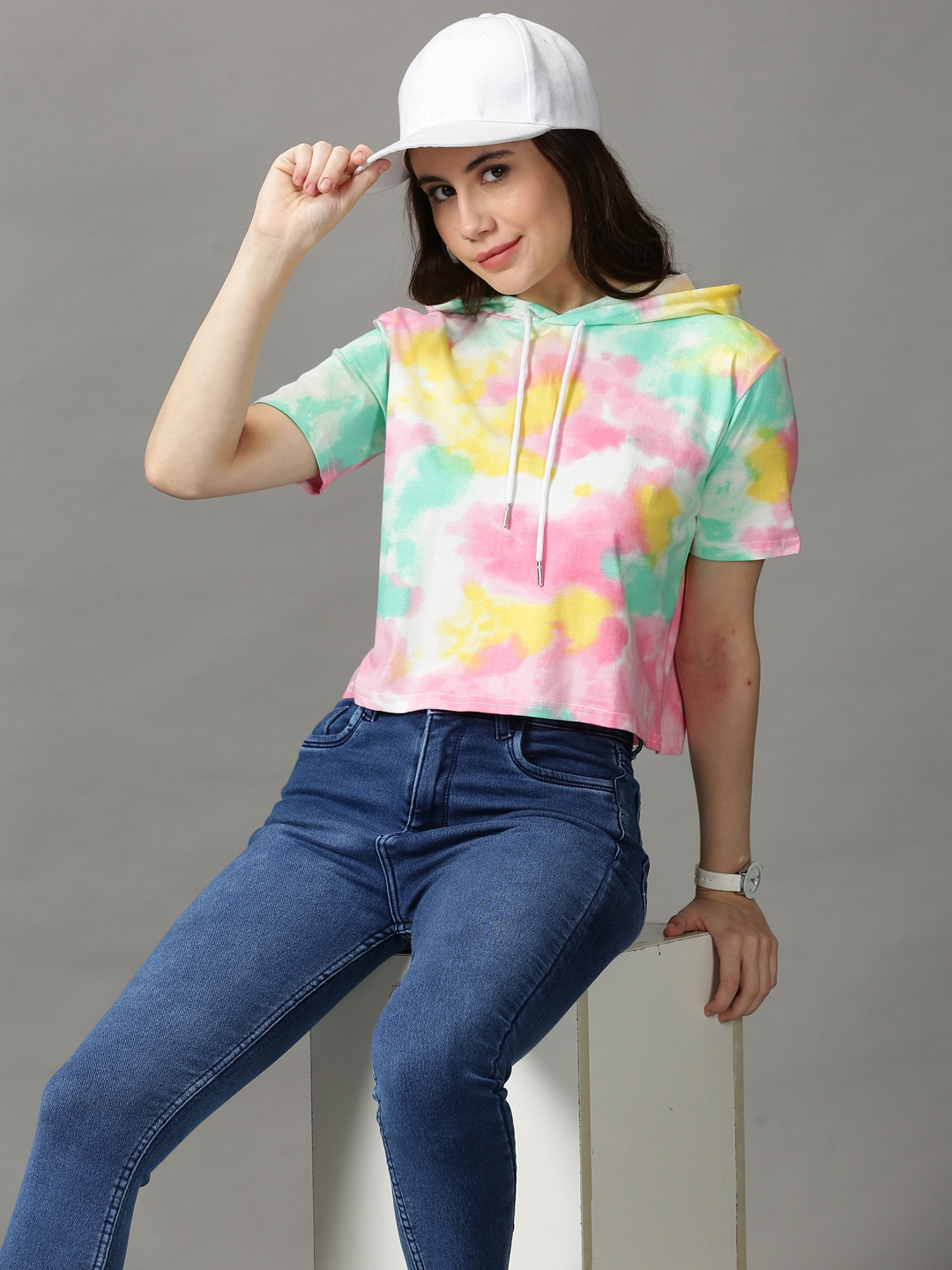 

SHOWOFF Pink & Yellow Tie and Dye Crop Top