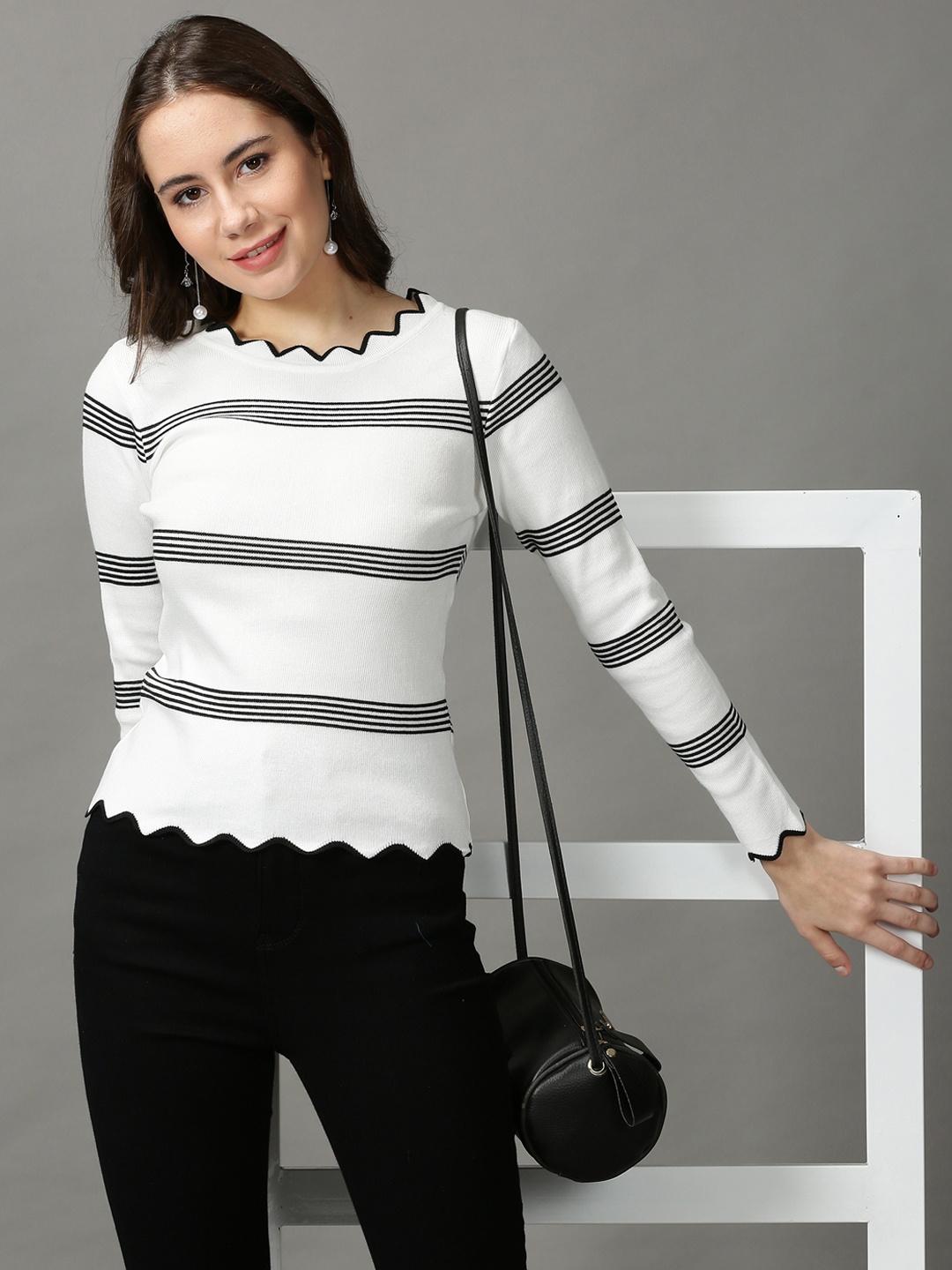 

SHOWOFF White & Black Striped Acrylic Top