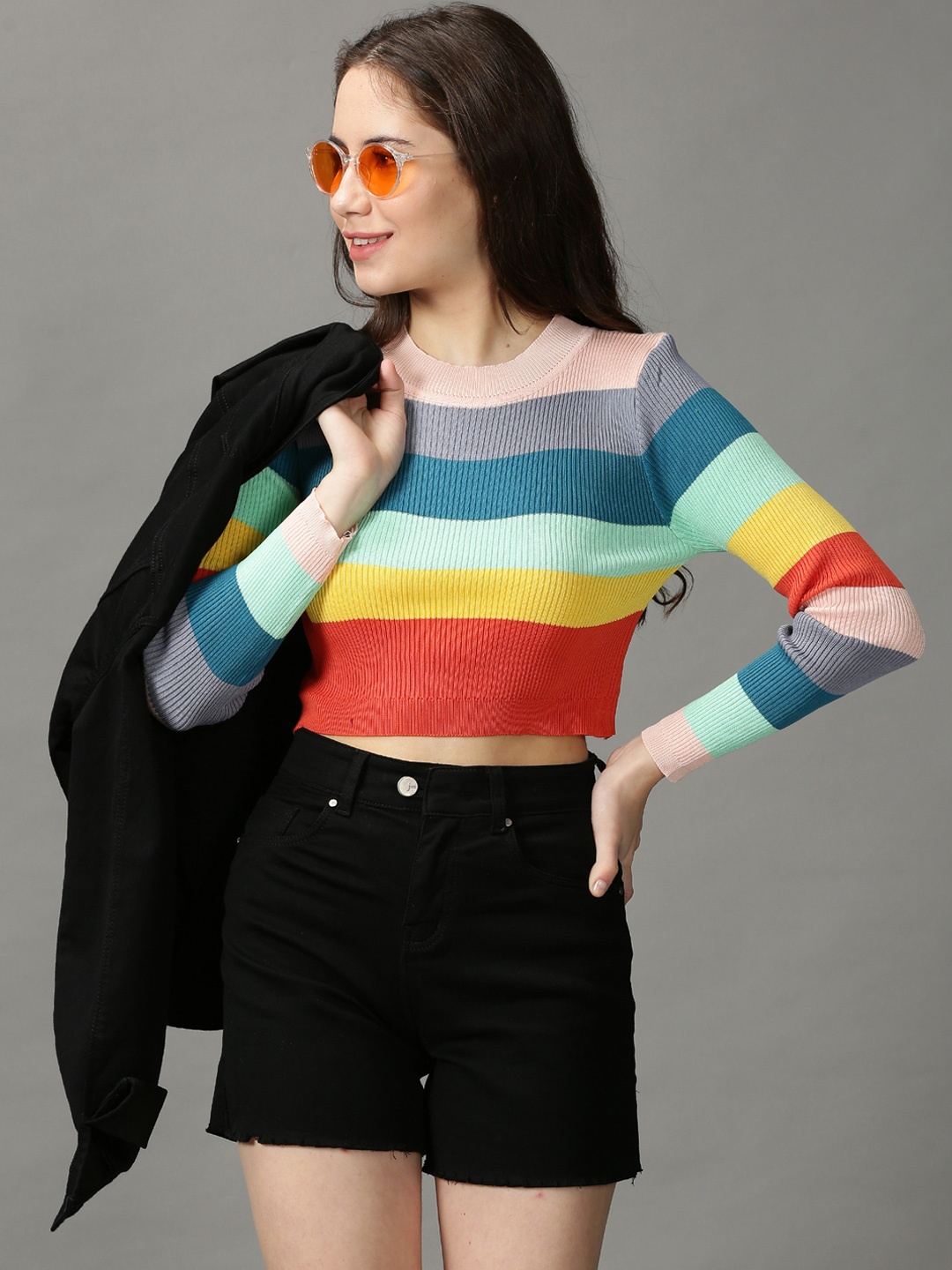 

SHOWOFF Pink & Red Striped Acrylic Crop Top