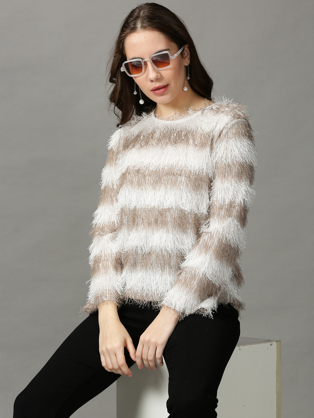 

SHOWOFF Taupe & White Round Neck Striped Top