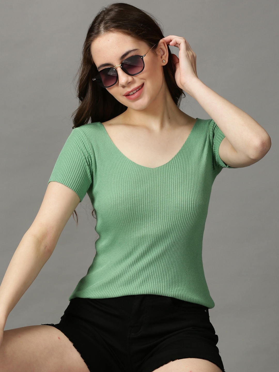 

SHOWOFF Women Green Solid Acrylic Fitted Top