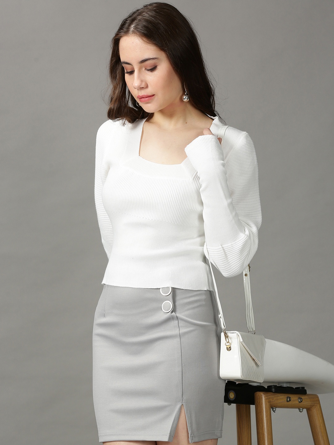 

SHOWOFF White Square Neck Cuffed Sleeves Top