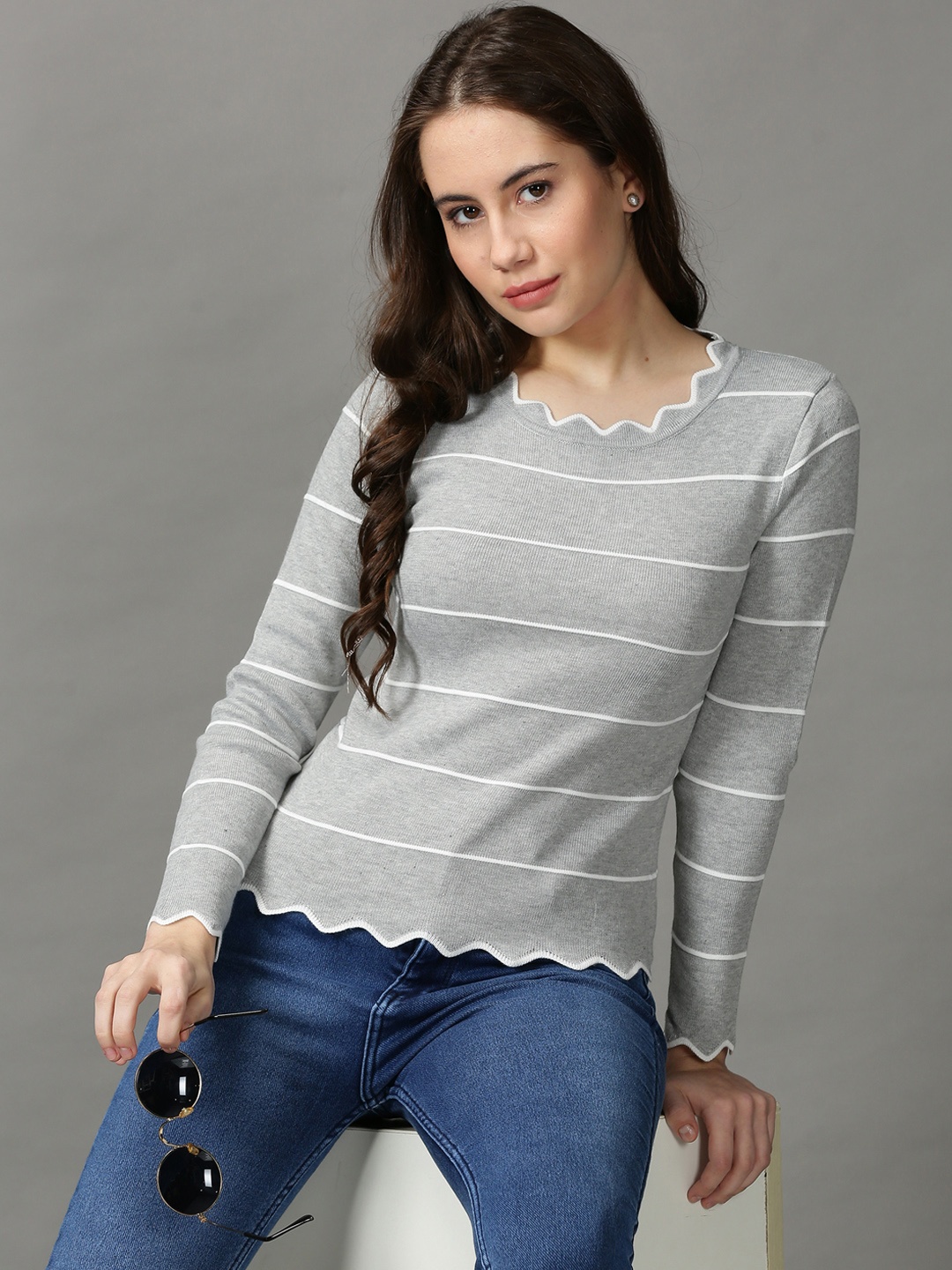 

SHOWOFF Grey & Cream-Coloured Striped Acrylic Top