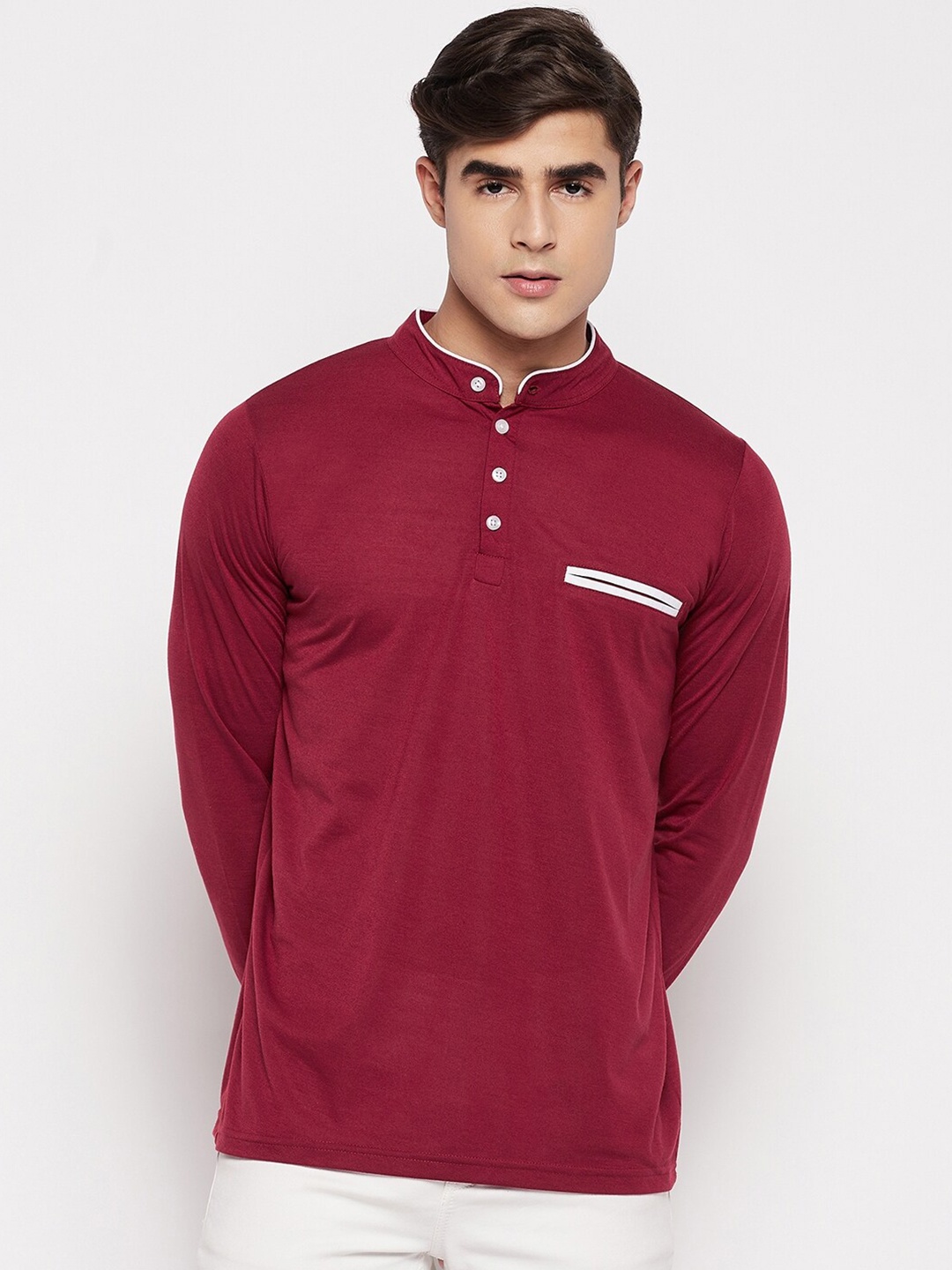 

STROP Men Maroon Cotton Henley Neck T-shirt