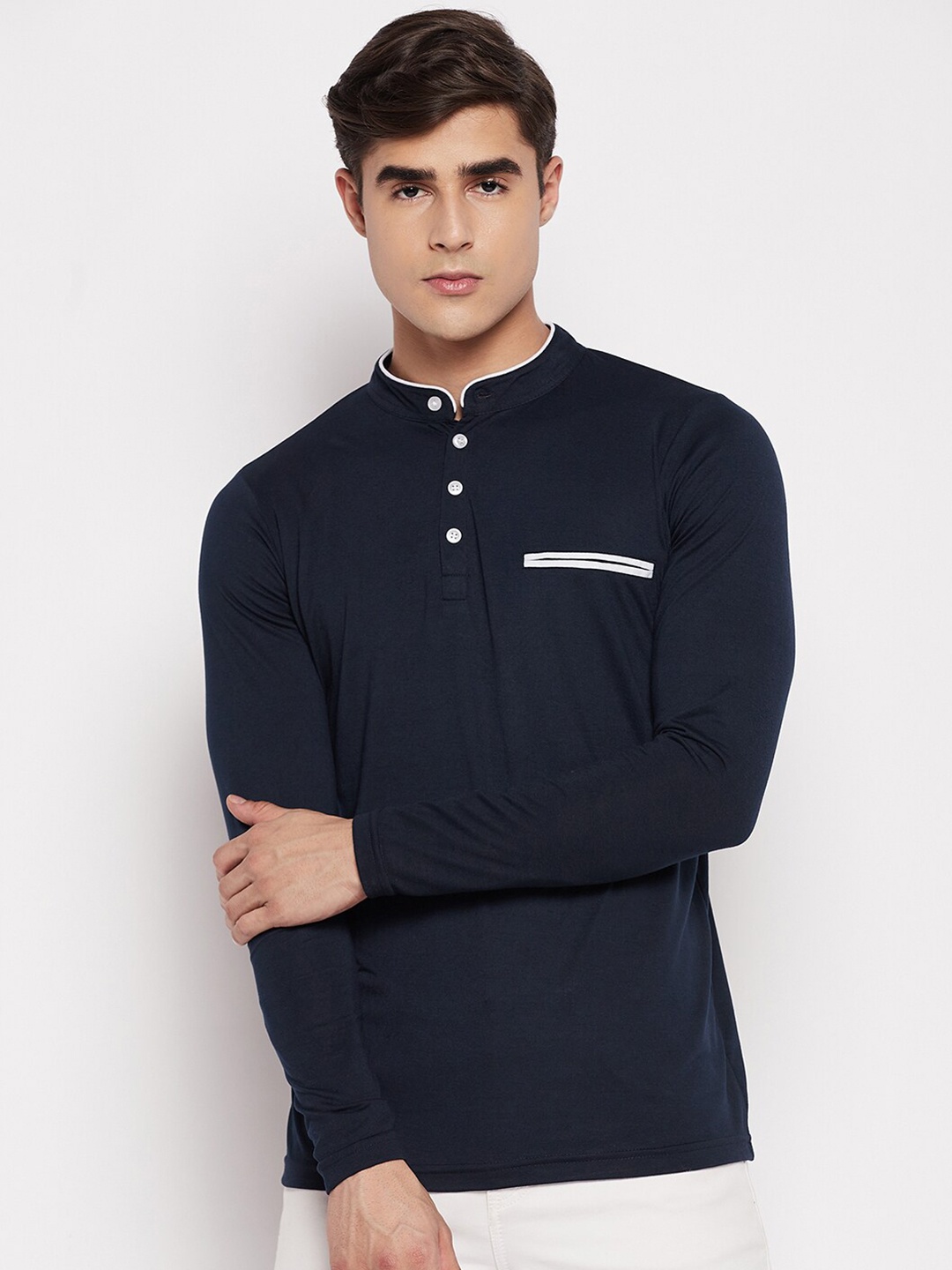 

STROP Men Navy Blue Cotton Mandarin Collar T-shirt