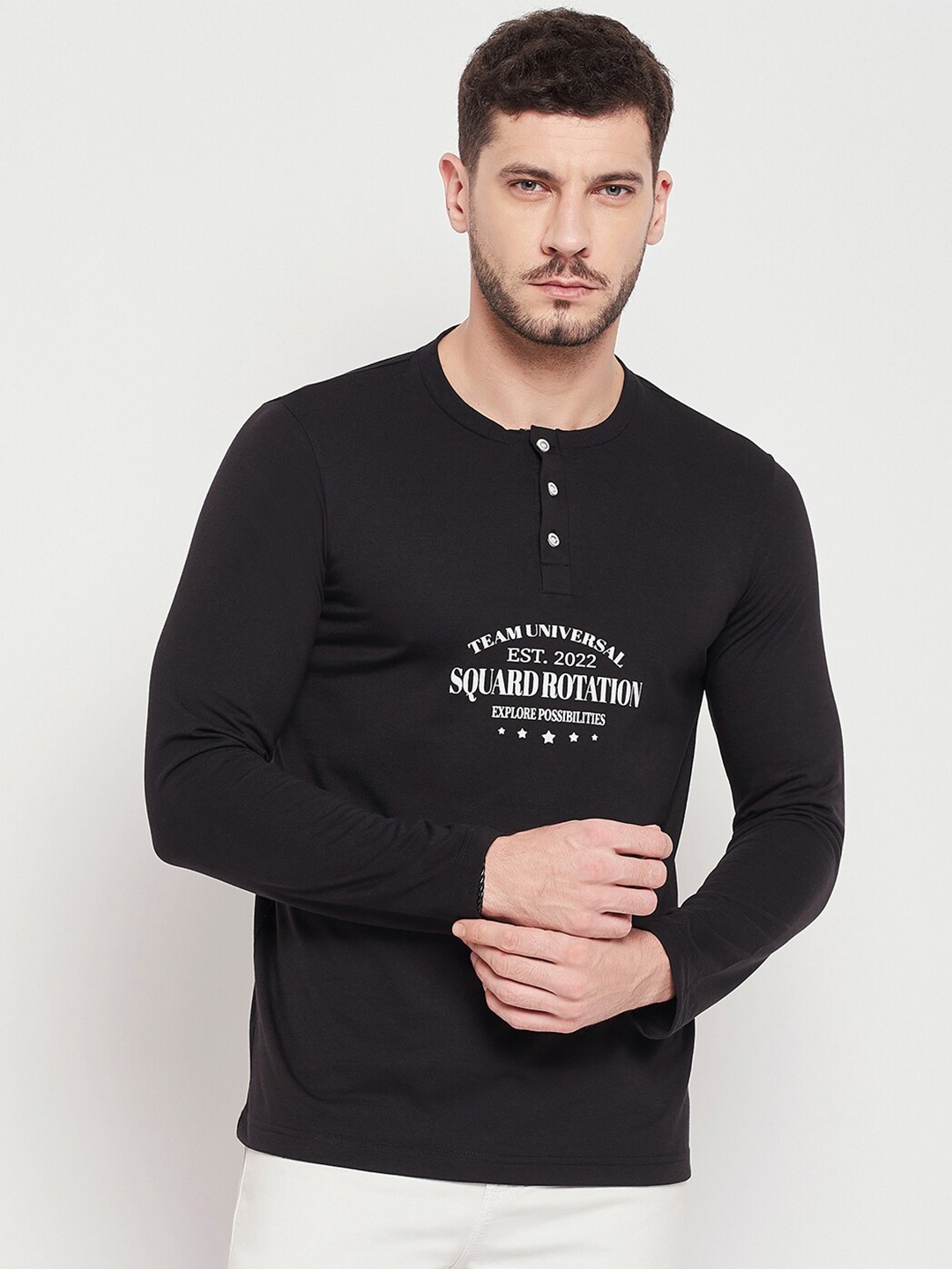 

STROP Men Black Cotton Typography Printed Henley Neck T-shirt