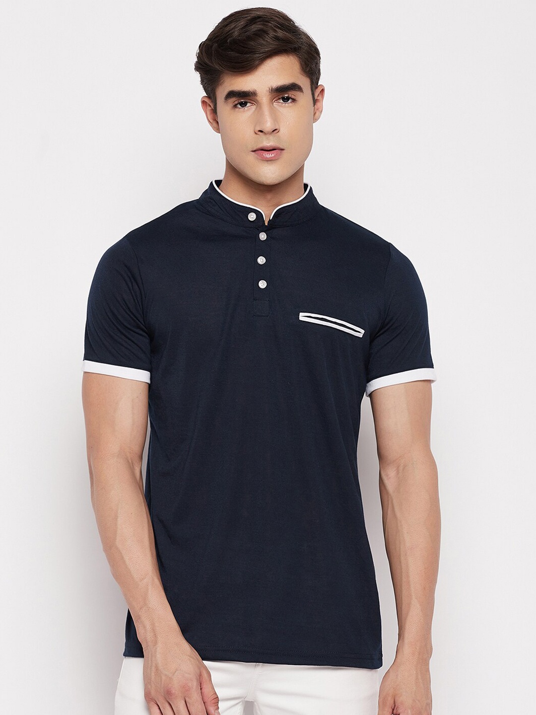 

STROP Men Navy Blue Cotton Mandarin Collar T-shirt