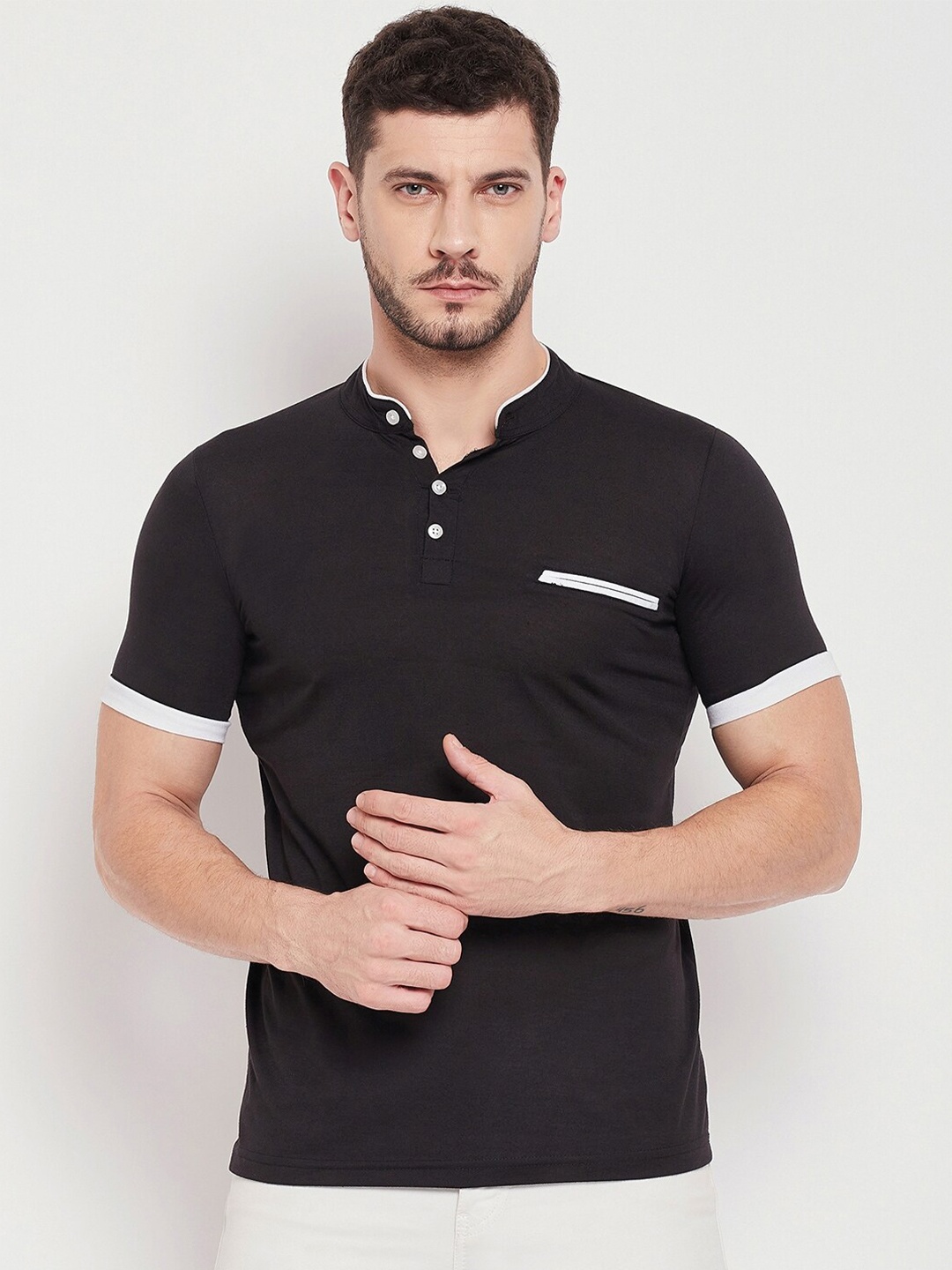 

STROP Men Black Cotton Mandarin Collar T-shirt