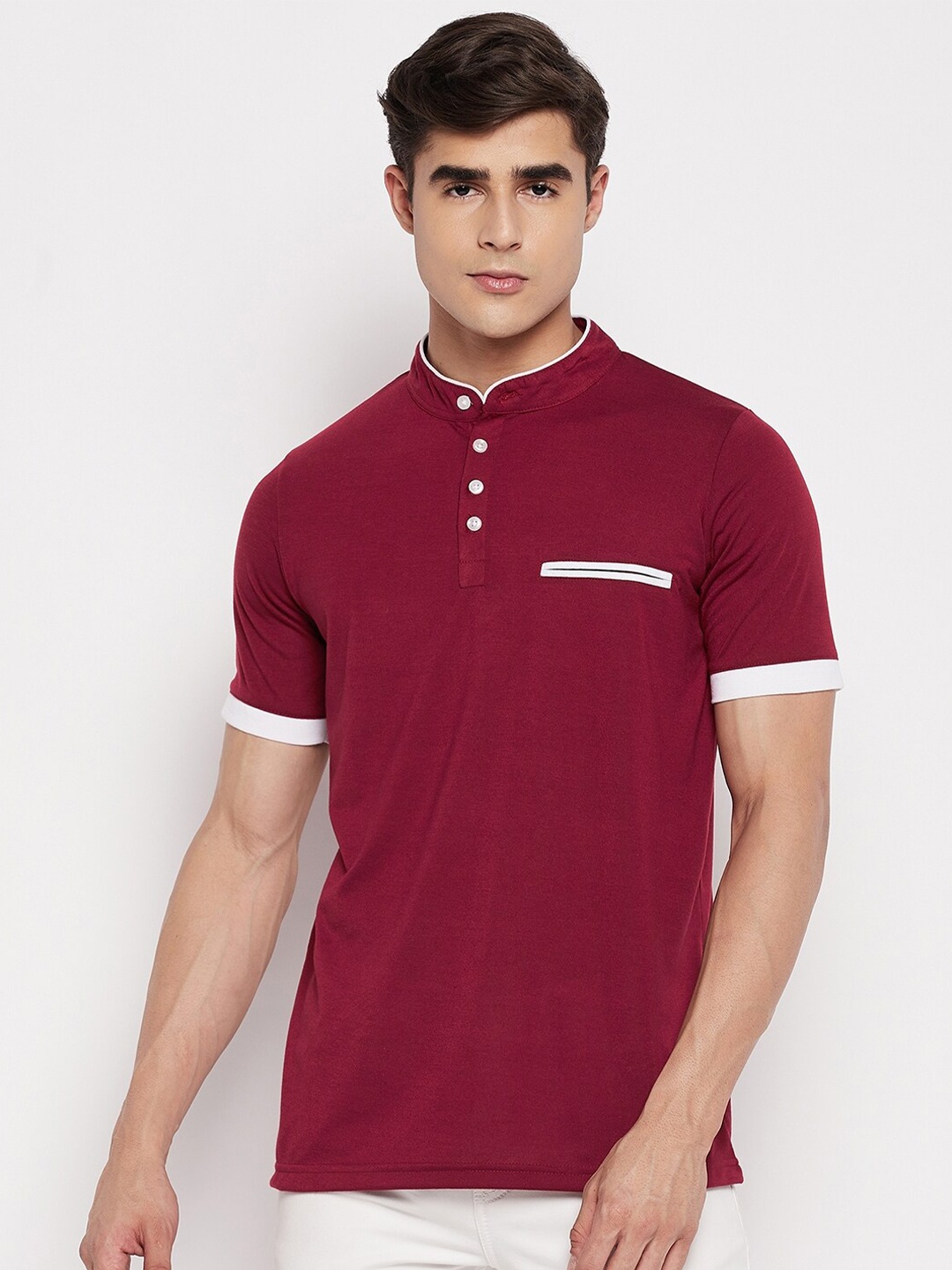 

STROP Men Maroon Cotton Mandarin Collar T-shirt