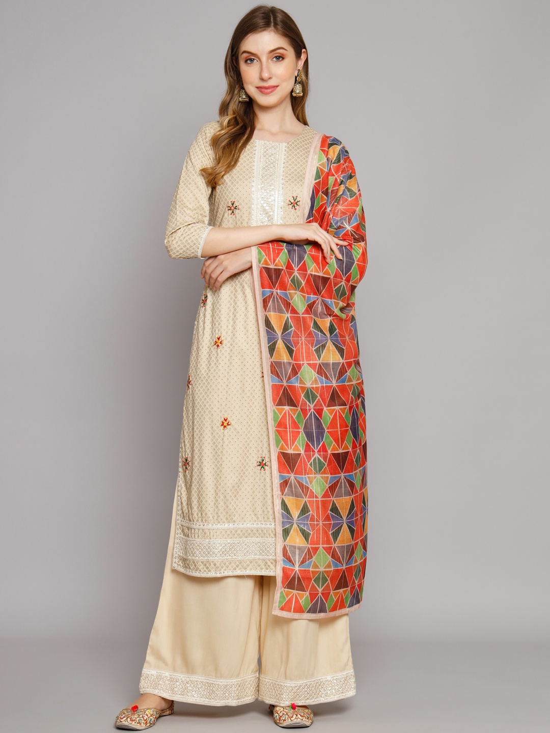 

Nehamta Beige & Red Printed Aari Work Kurta with Palazzos & With Dupatta