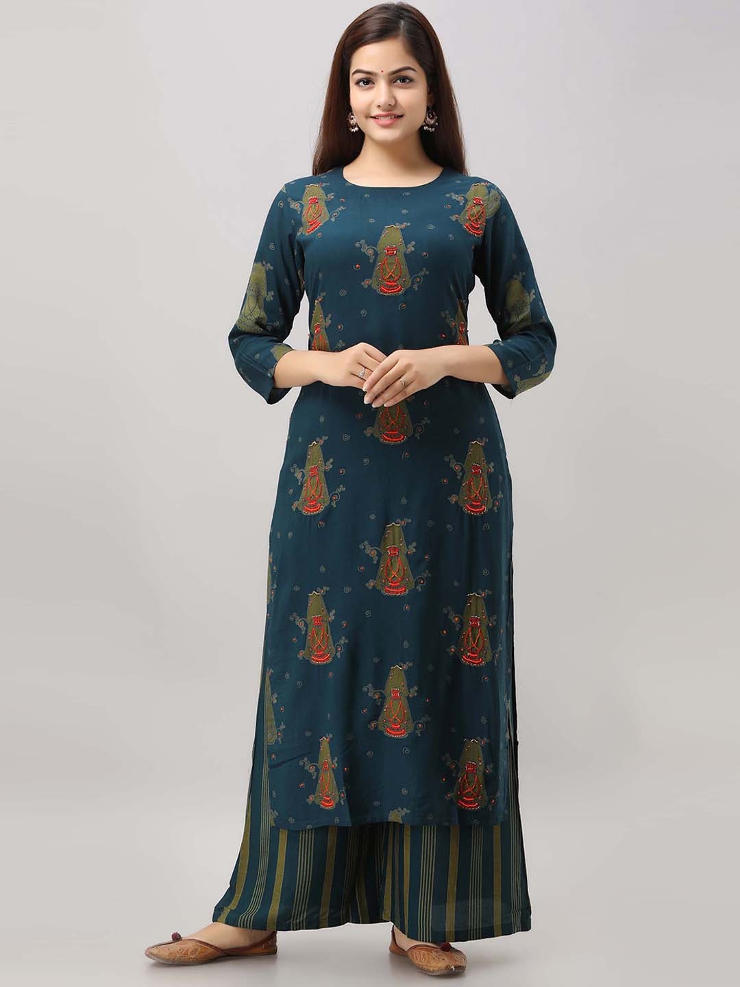 

Nehamta Women Teal Green & Green Ethnic Motifs Embroidered Kantha Work Kurta with Palazzos