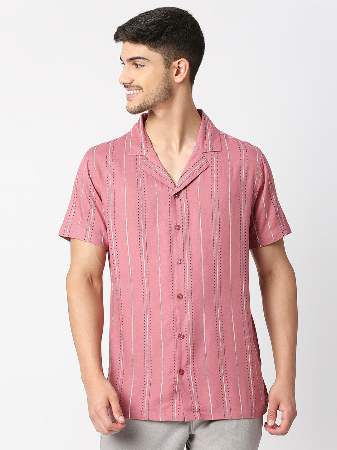 

MOD ECRU Men Pink & Black Striped Short Sleeves Casual Shirt