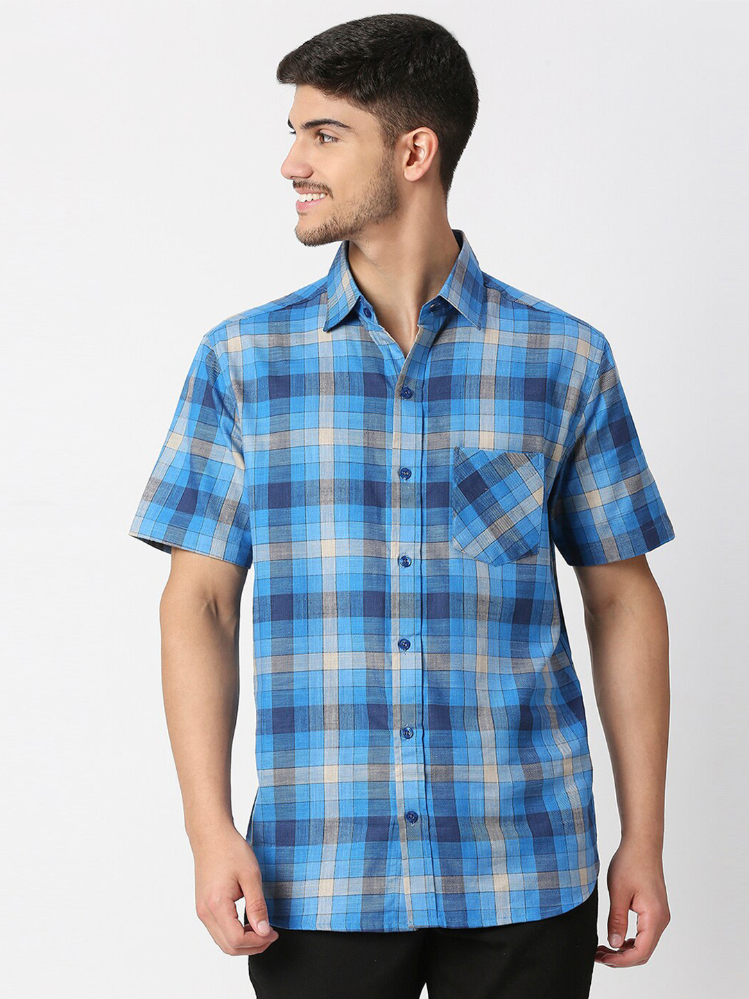 

MOD ECRU Men Blue & Grey Checked Short Sleeves Casual Shirt