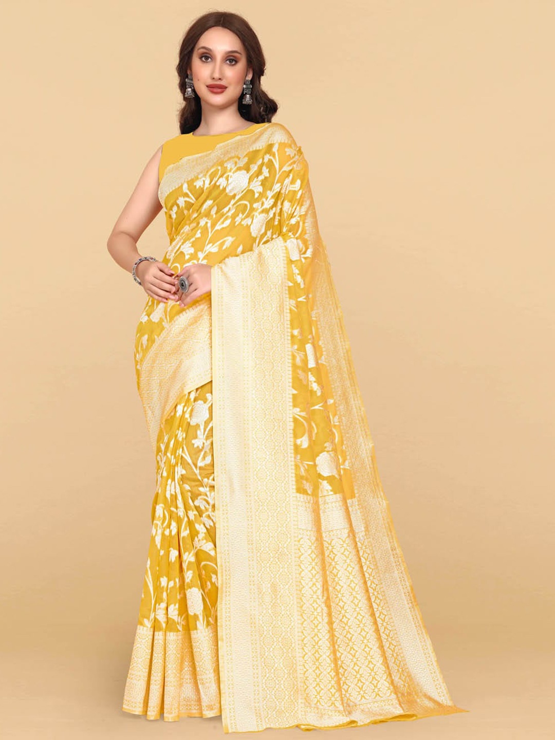 

BESUCHER Yellow & Gold-Toned Floral Zari Silk Cotton Jamdani Saree