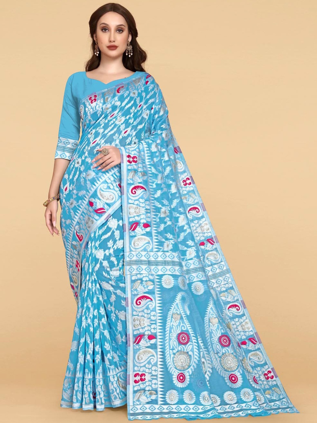 

BESUCHER Blue & Pink Woven Design Zari Silk Cotton Jamdani Saree