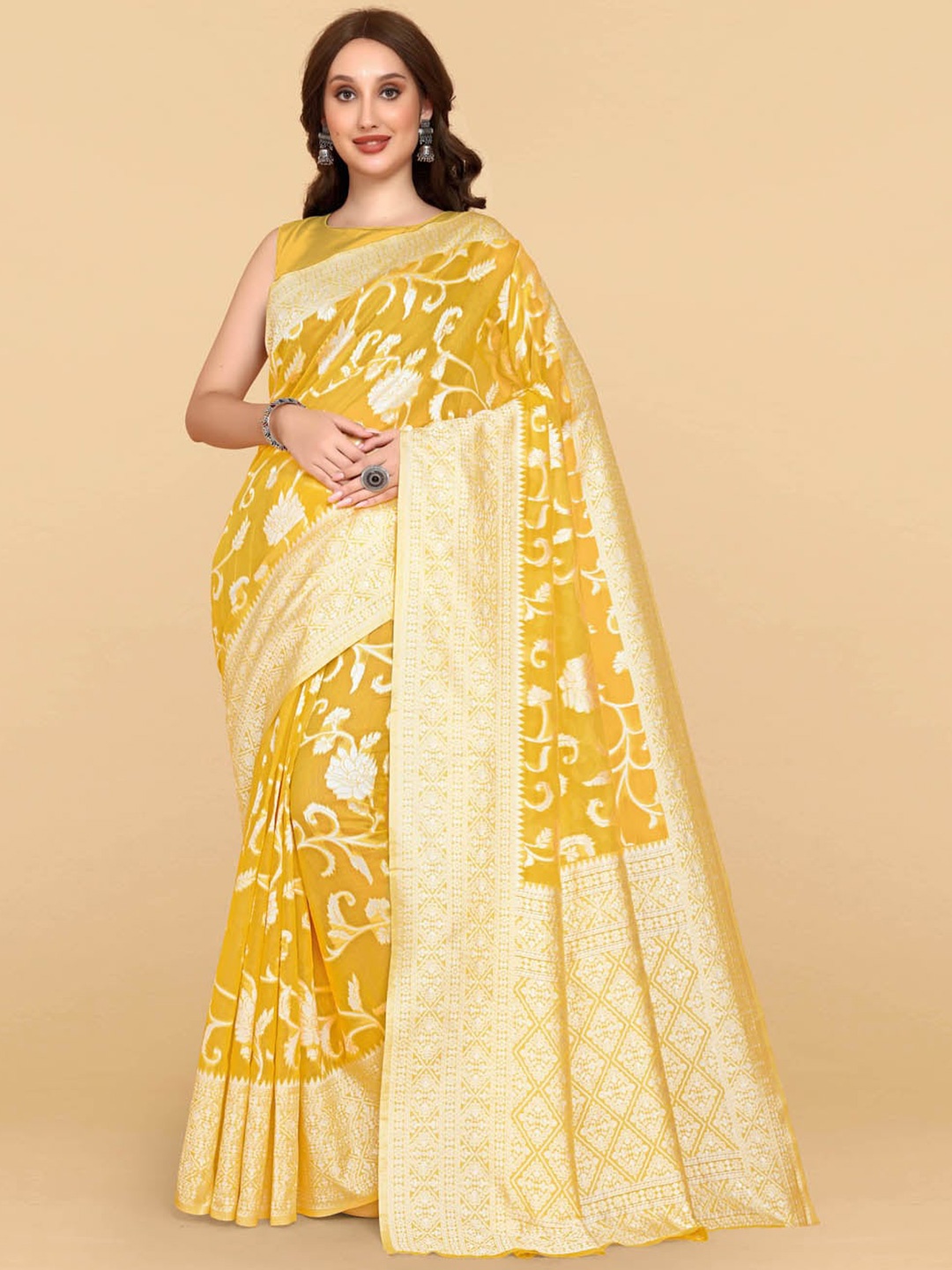 

BESUCHER Yellow & Gold-Toned Woven Design Zari Silk Cotton Jamdani Saree