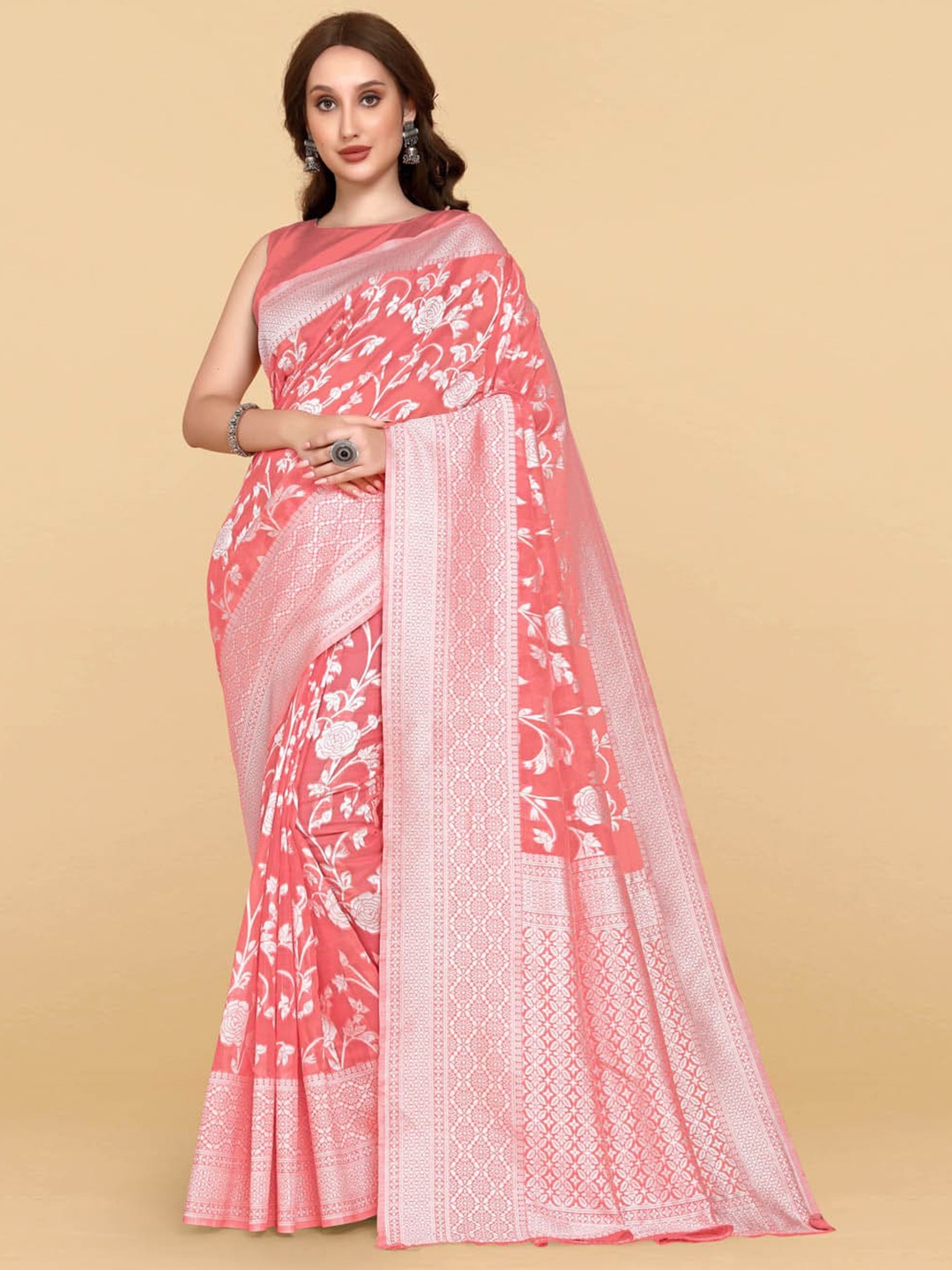 

BESUCHER Pink & Silver-Toned Woven Design Zari Silk Cotton Jamdani Saree