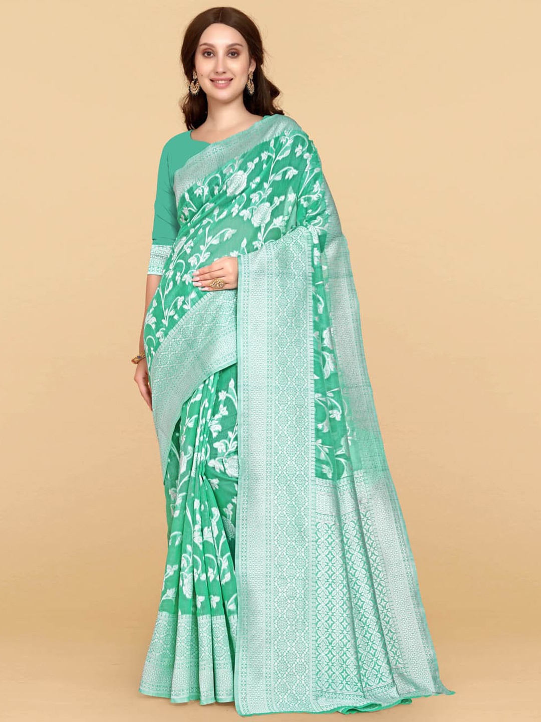 

BESUCHER Teal & Silver-Toned Woven Design Zari Silk Cotton Jamdani Saree