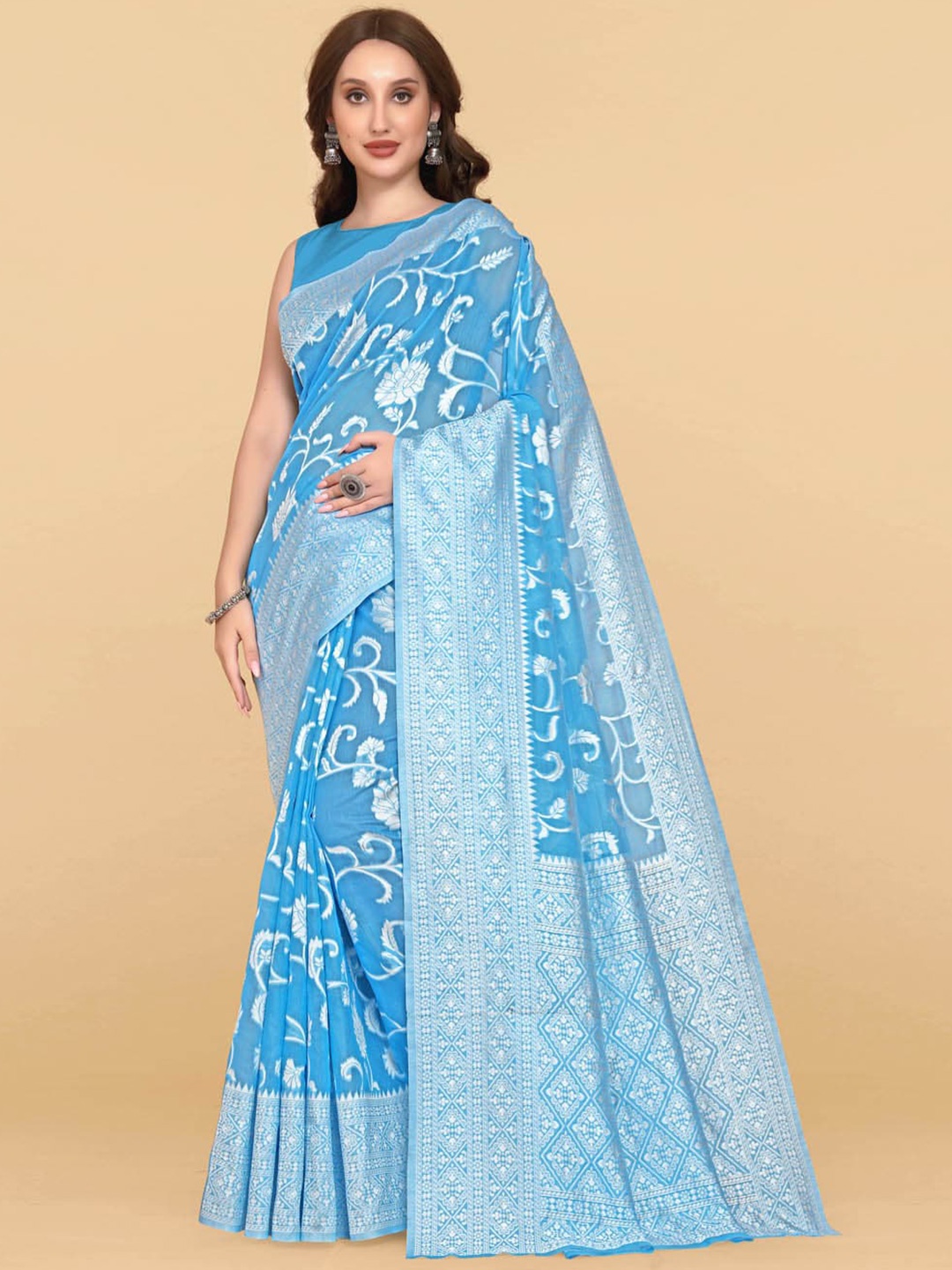 

BESUCHER Blue & Silver-Toned Woven Design Zari Silk Cotton Jamdani Saree