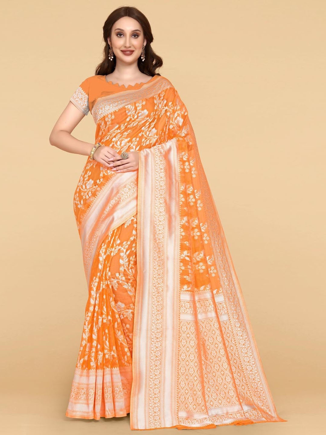 

BESUCHER Orange & Silver-Toned Woven Design Zari Silk Cotton Jamdani Saree