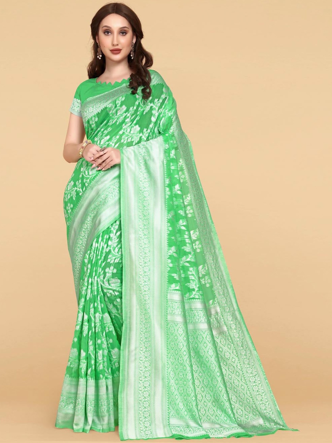 

BESUCHER Green & Silver-Toned Woven Design Zari Silk Cotton Jamdani Saree