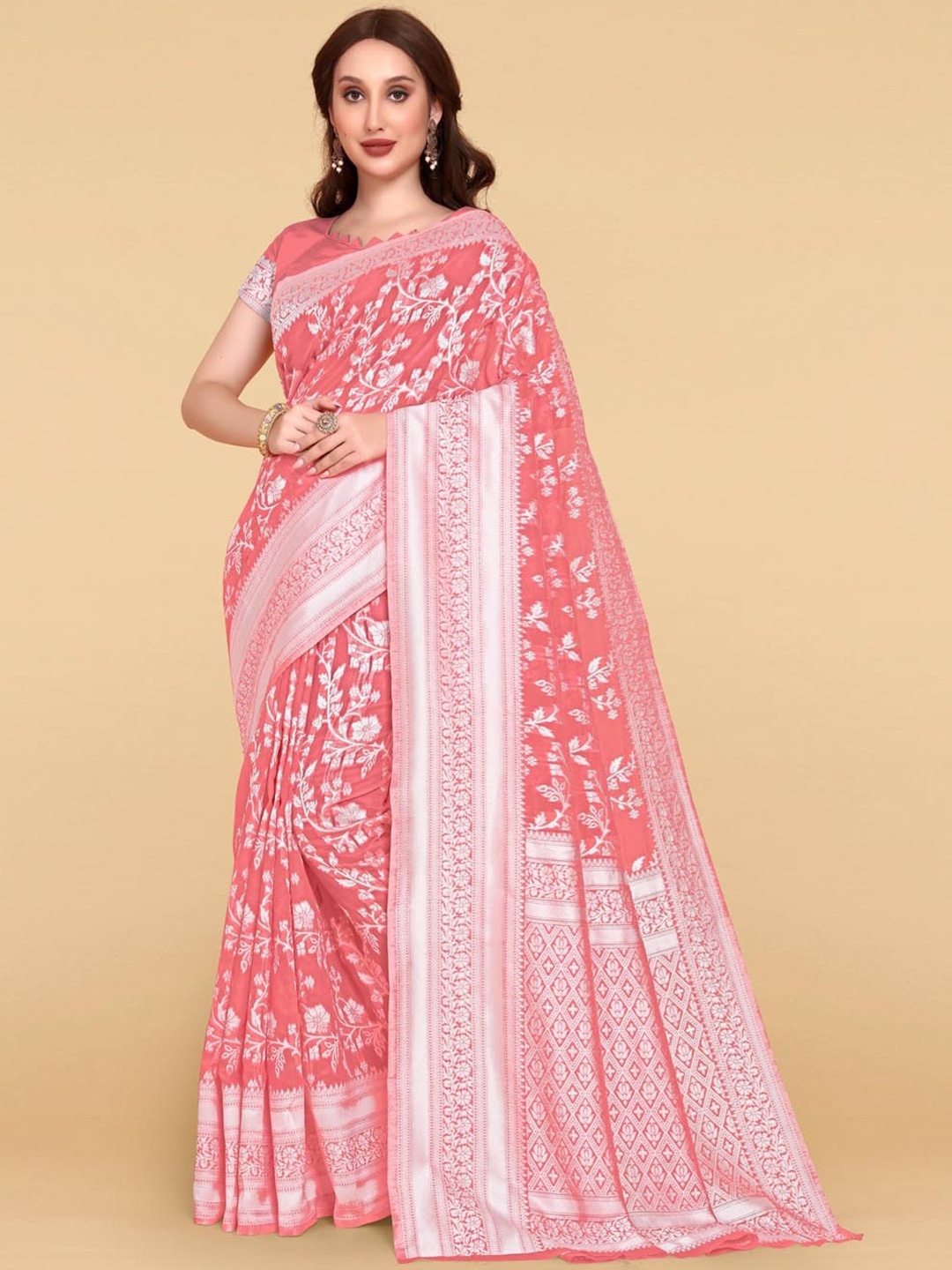 

BESUCHER Pink & Silver-Toned Woven Design Zari Silk Cotton Jamdani Saree