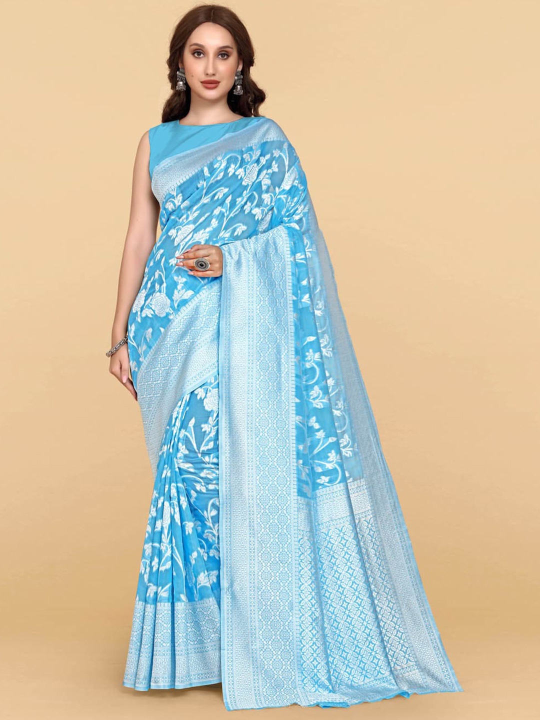 

BESUCHER Blue & Silver-Toned Woven Design Zari Silk Cotton Jamdani Saree