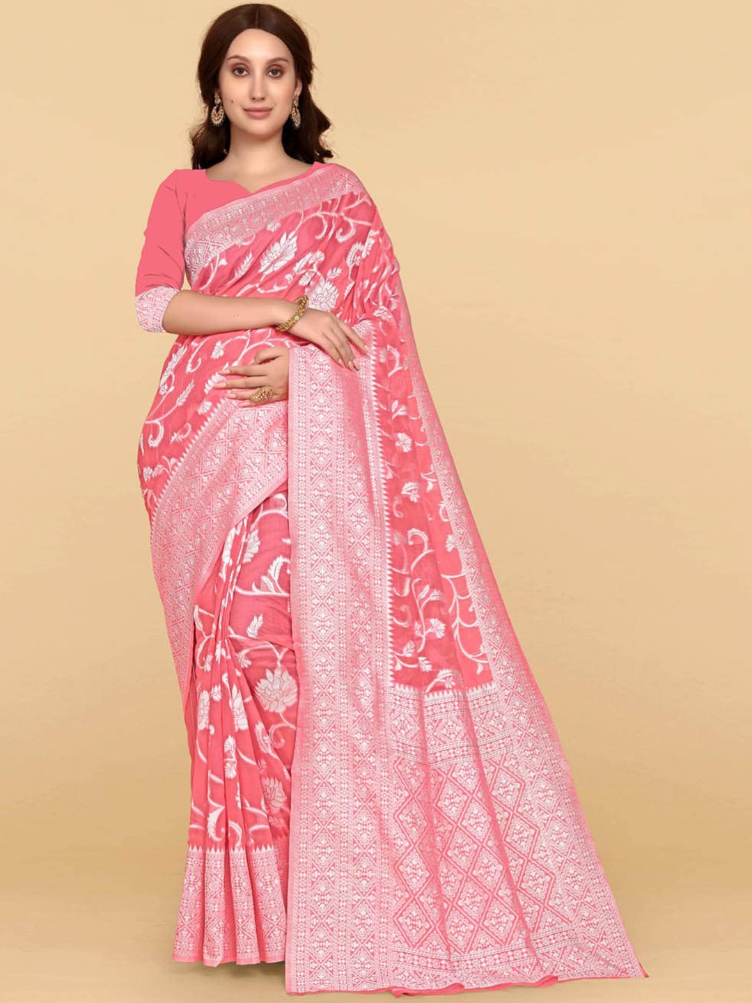 

BESUCHER Pink & Silver-Toned Woven Design Zari Silk Cotton Jamdani Saree