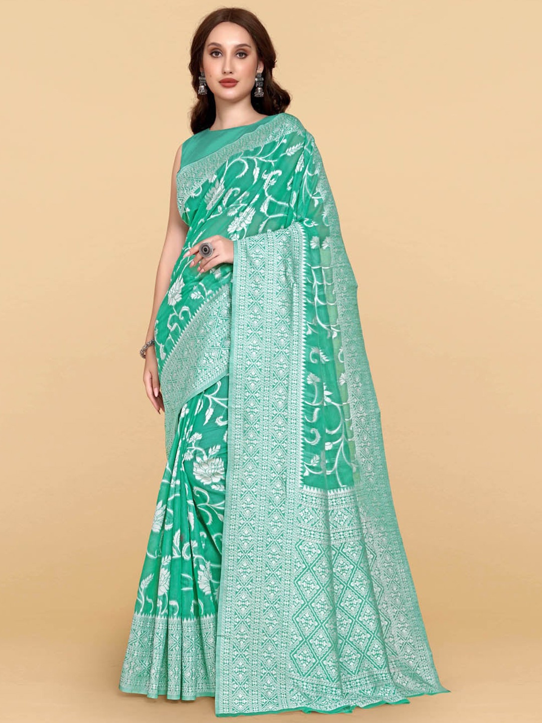 

BESUCHER Teal & Silver-Toned Woven Design Zari Silk Cotton Jamdani Saree