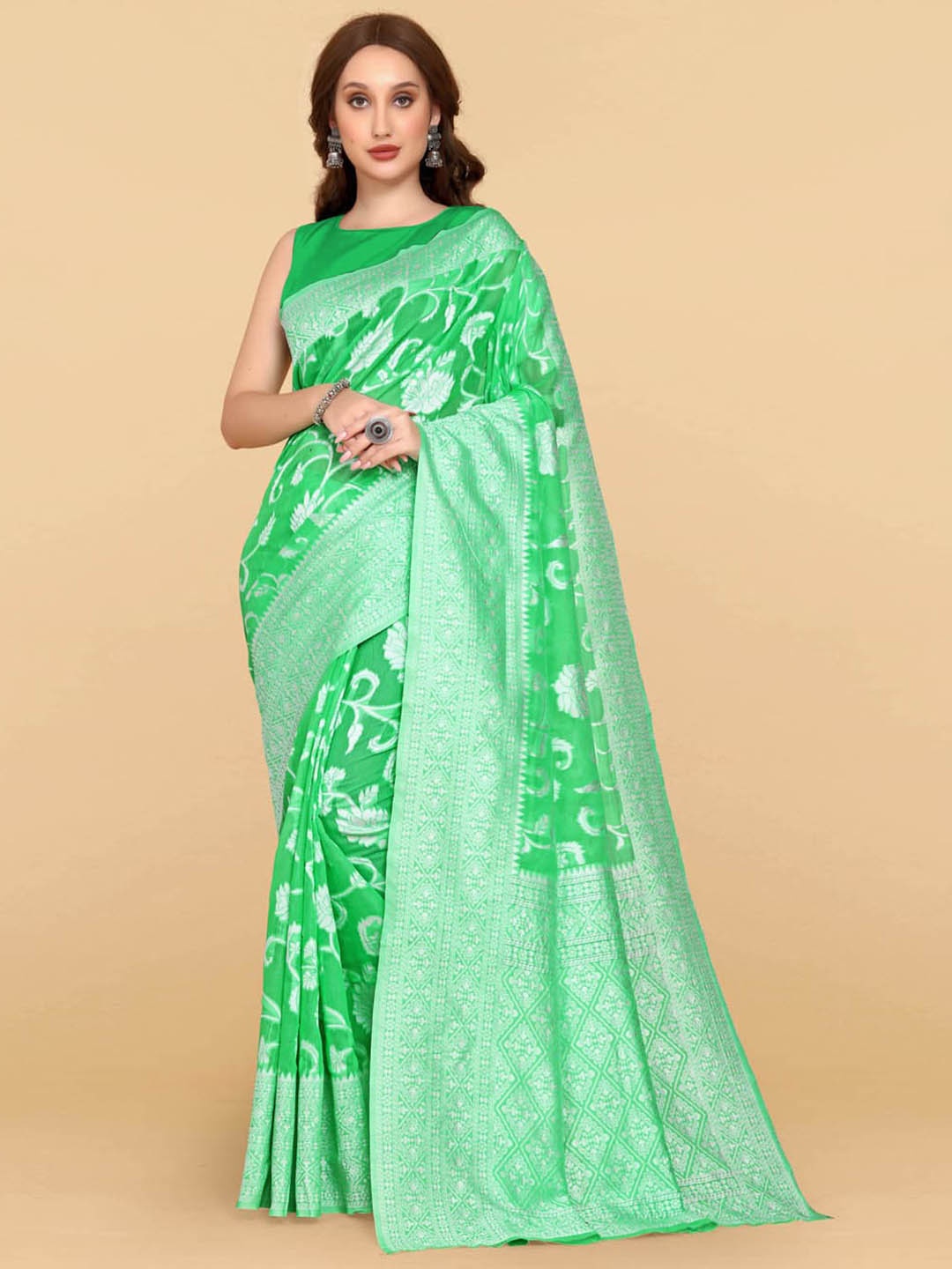 

BESUCHER Green & Silver-Toned Woven Design Zari Silk Cotton Jamdani Saree