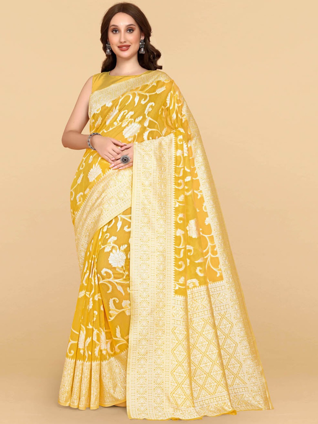 

BESUCHER Gold-Toned & Gold-Toned Woven Design Zari Silk Cotton Jamdani Saree